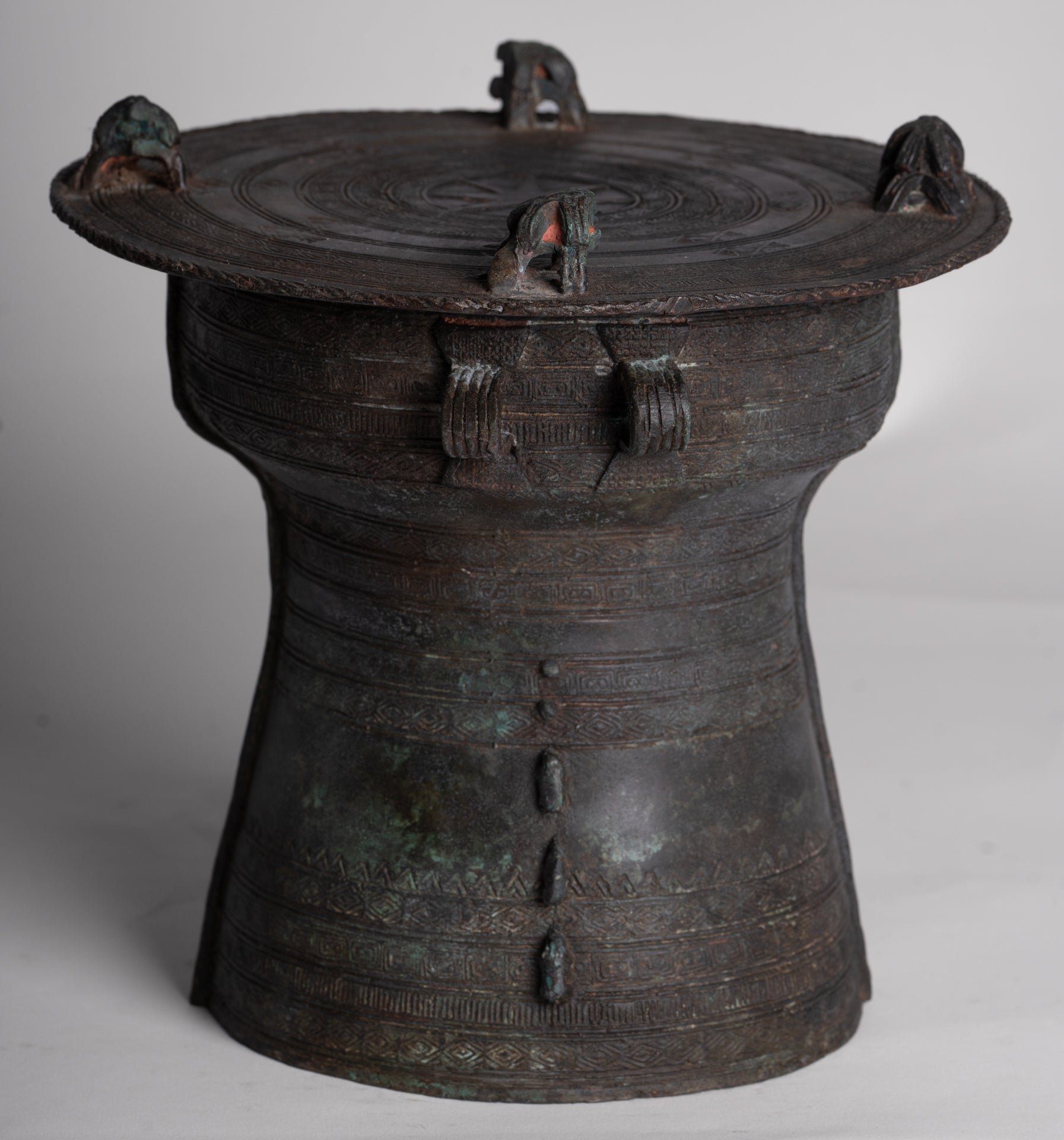 Thai Rain Drum - Antique Thai Style Bronze Free Standing Frog Rain Drum - 19cm/8"