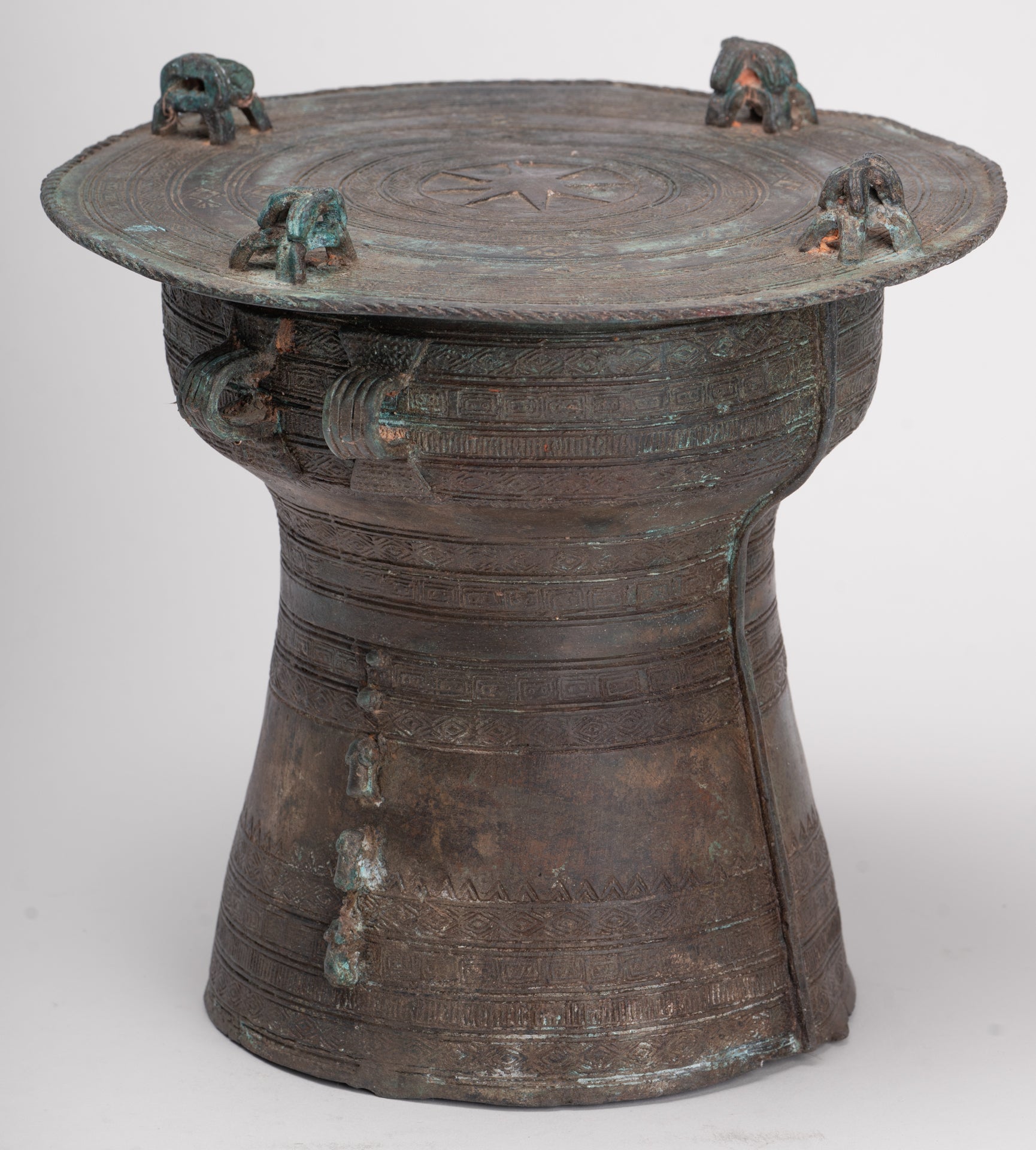 Thai Rain Drum - Antique Thai Style Bronze Free Standing Frog Rain Drum - 19cm/8"