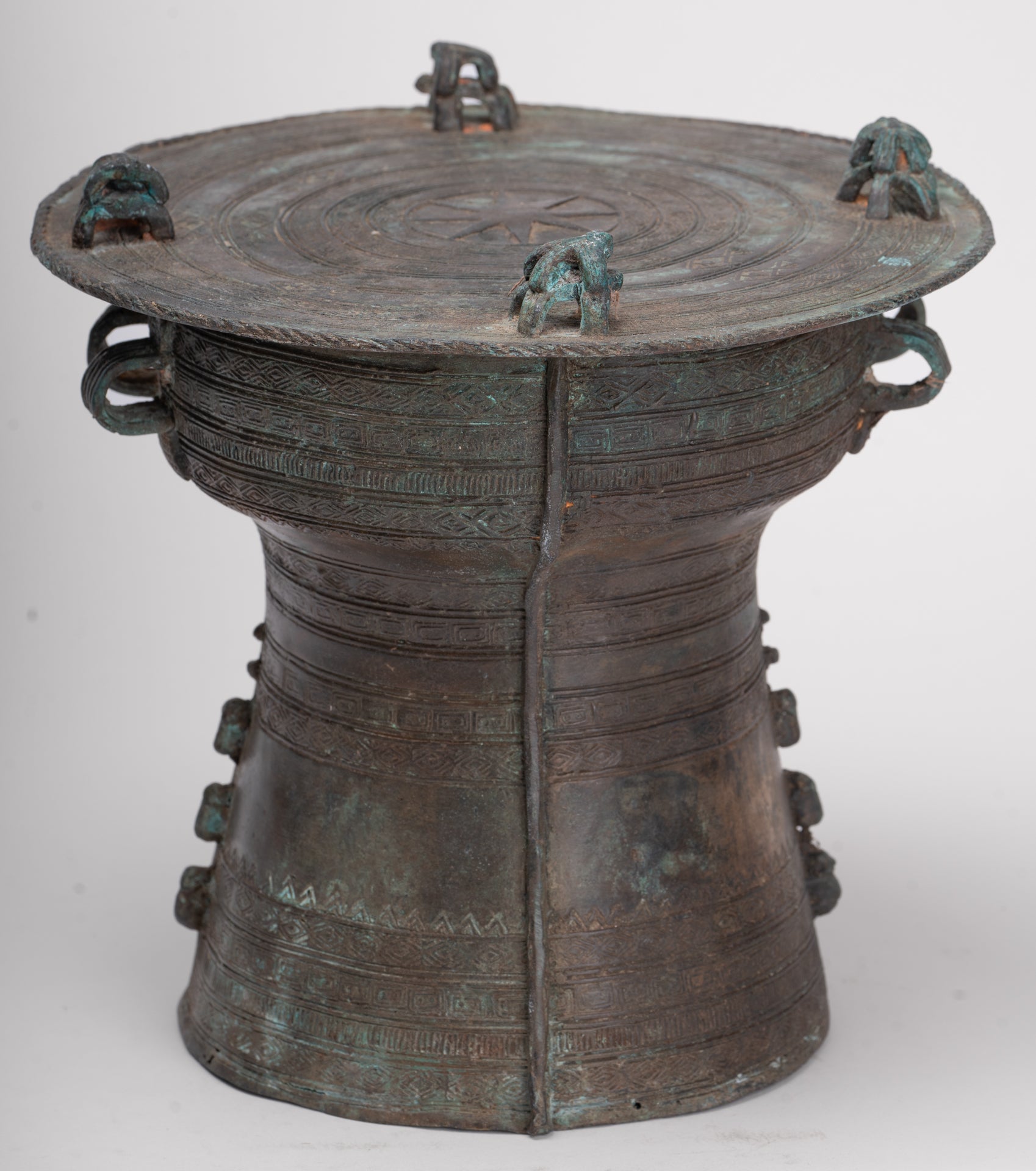 Thai Rain Drum - Antique Thai Style Bronze Free Standing Frog Rain Drum - 19cm/8"