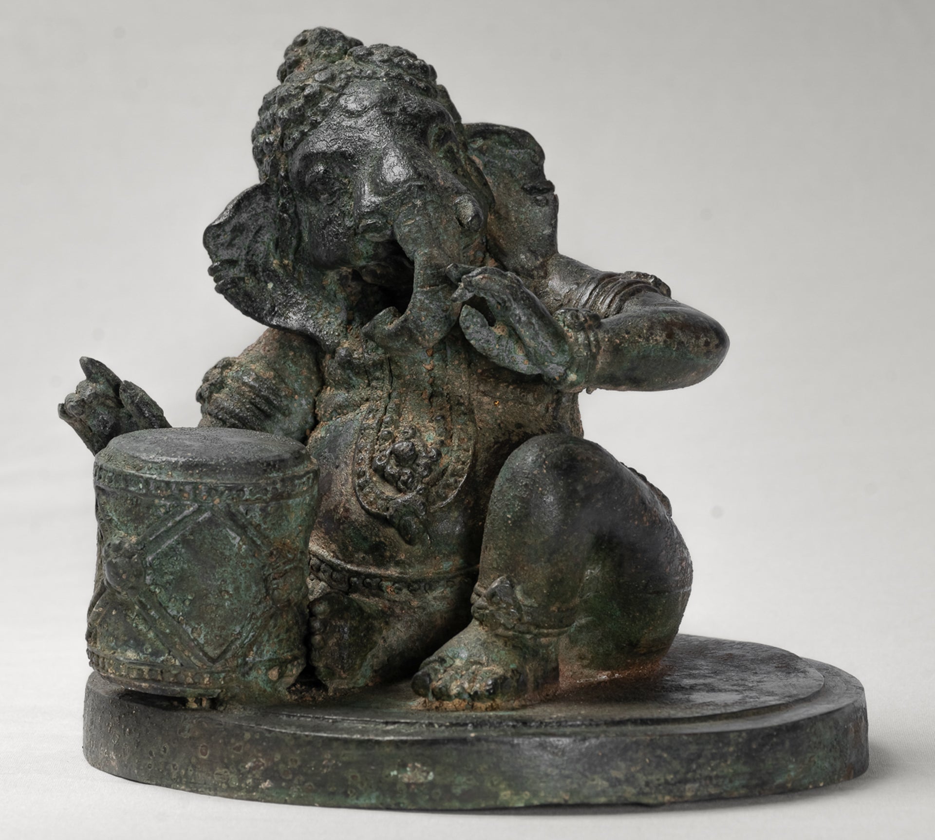 Ganesha Statue - Antique Thai Style Bronze Seated Ganesha Statue with Drum - 20cm/8"