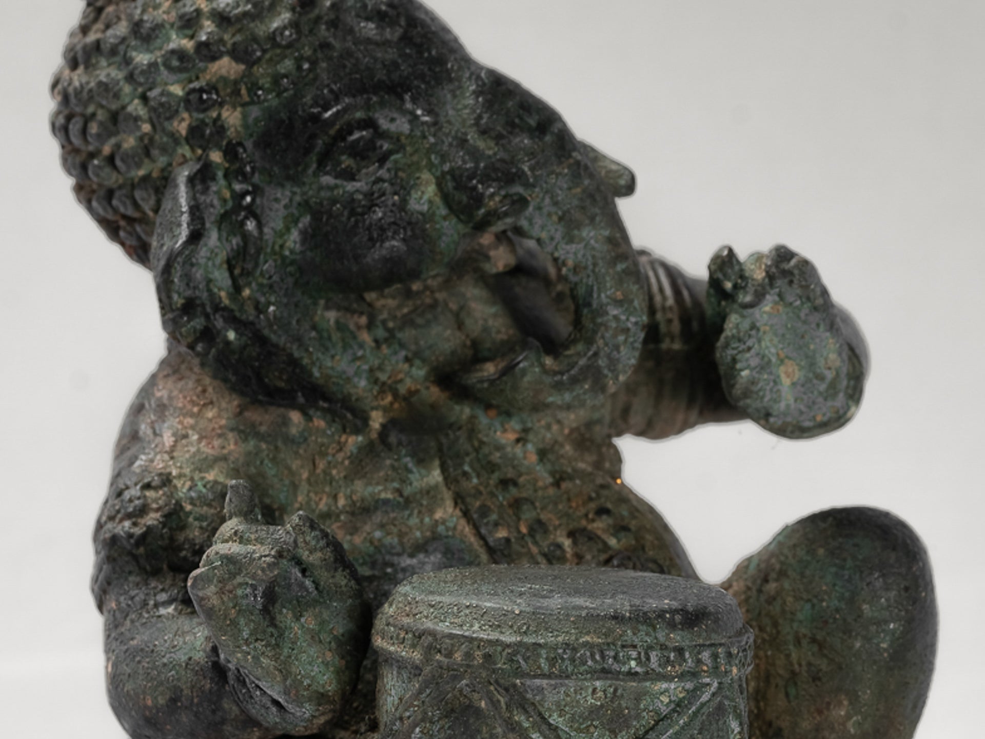 Ganesha Statue - Antique Thai Style Bronze Seated Ganesha Statue with Drum - 20cm/8"