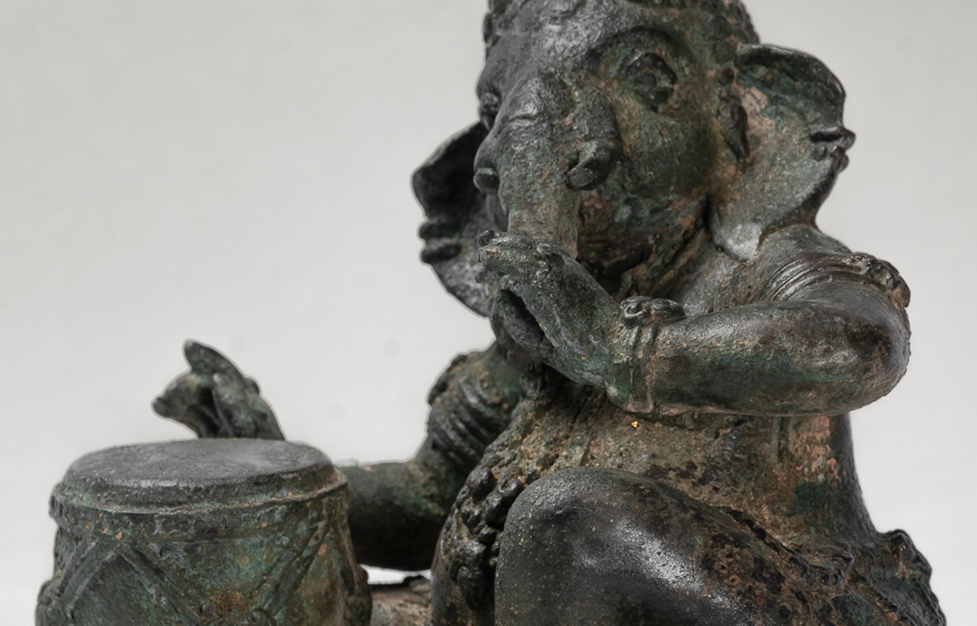 Ganesha Statue - Antique Thai Style Bronze Seated Ganesha Statue with Drum - 20cm/8"