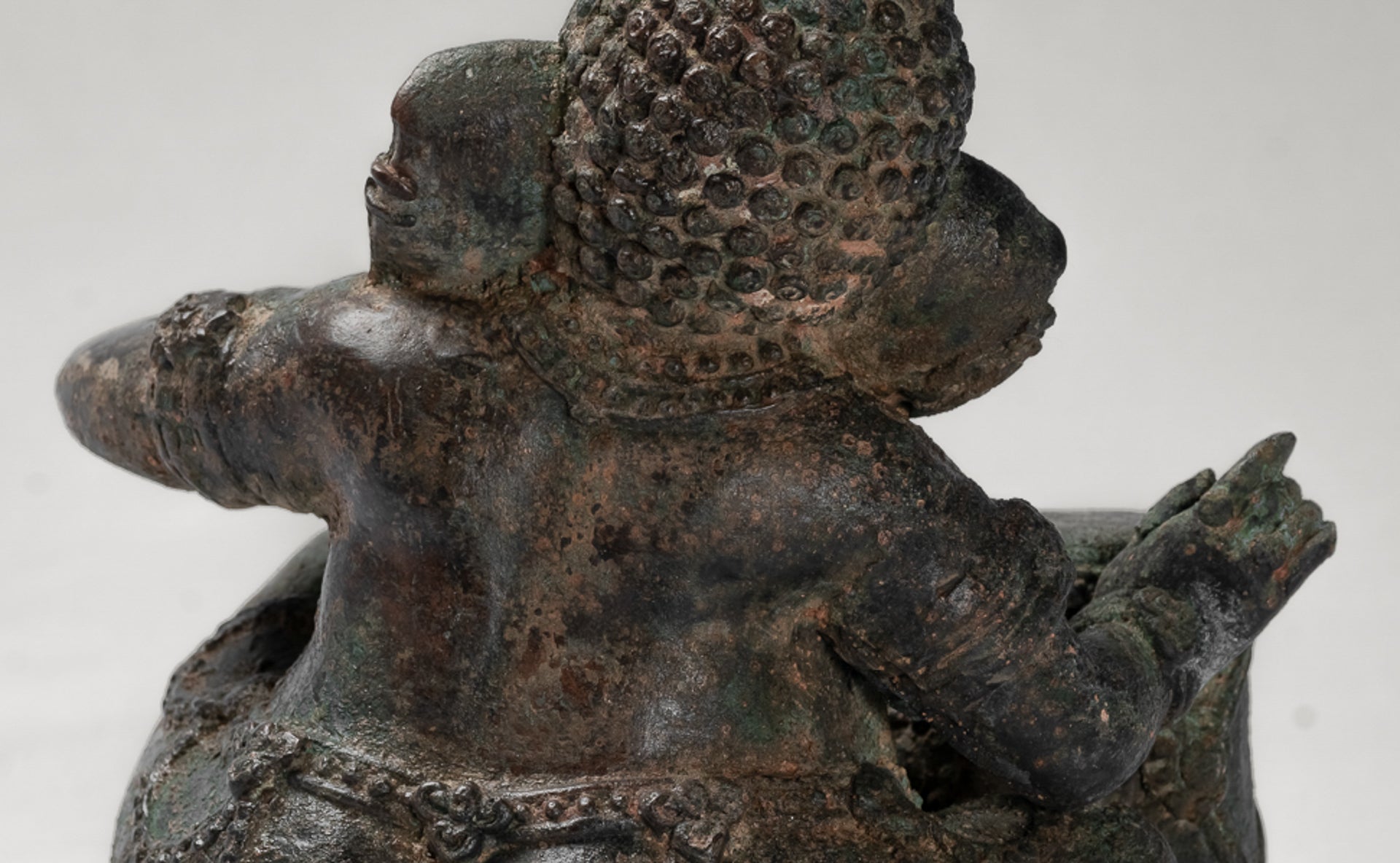 Ganesha Statue - Antique Thai Style Bronze Seated Ganesha Statue with Drum - 20cm/8"