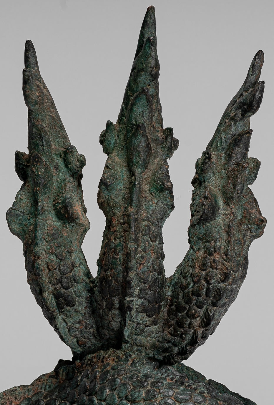 Antique Thai Style Bronze Protective Three Headed Naga, Snake or Serpent Statue - 30cm/12"