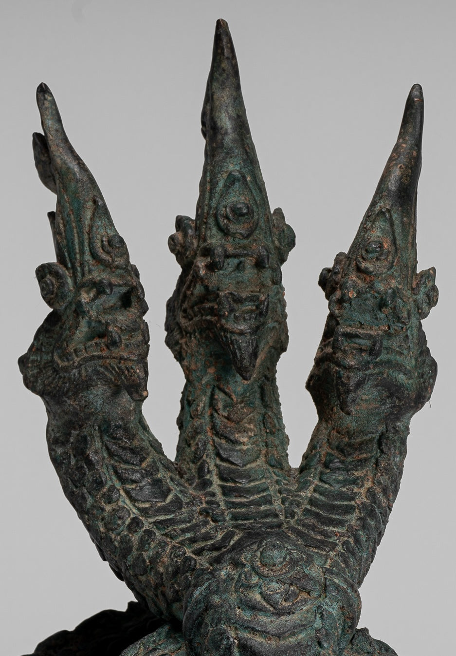 Antique Thai Style Bronze Protective Three Headed Naga, Snake or Serpent Statue - 30cm/12"