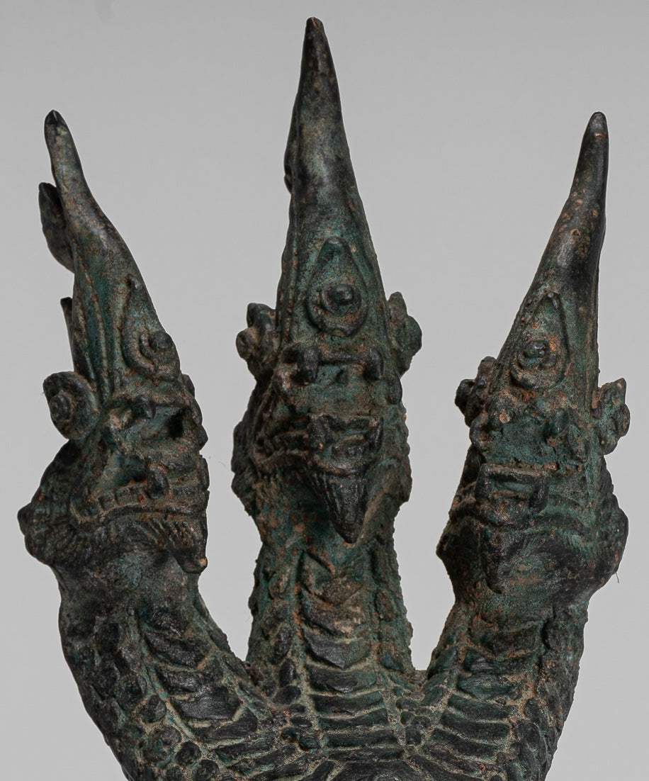 Antique Thai Style Bronze Protective Three Headed Naga, Snake or Serpent Statue - 30cm/12"