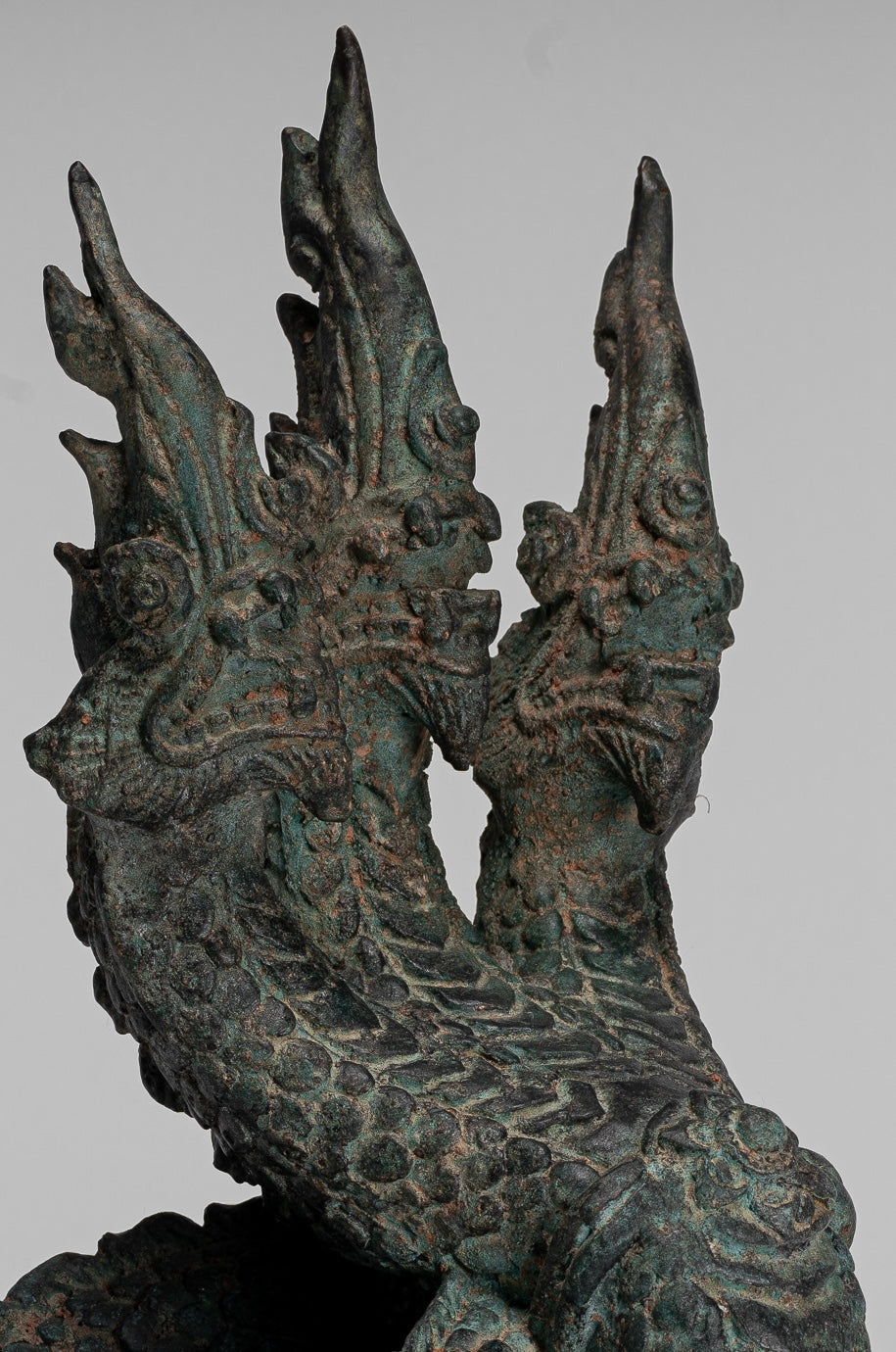 Antique Thai Style Bronze Protective Three Headed Naga, Snake or Serpent Statue - 30cm/12"