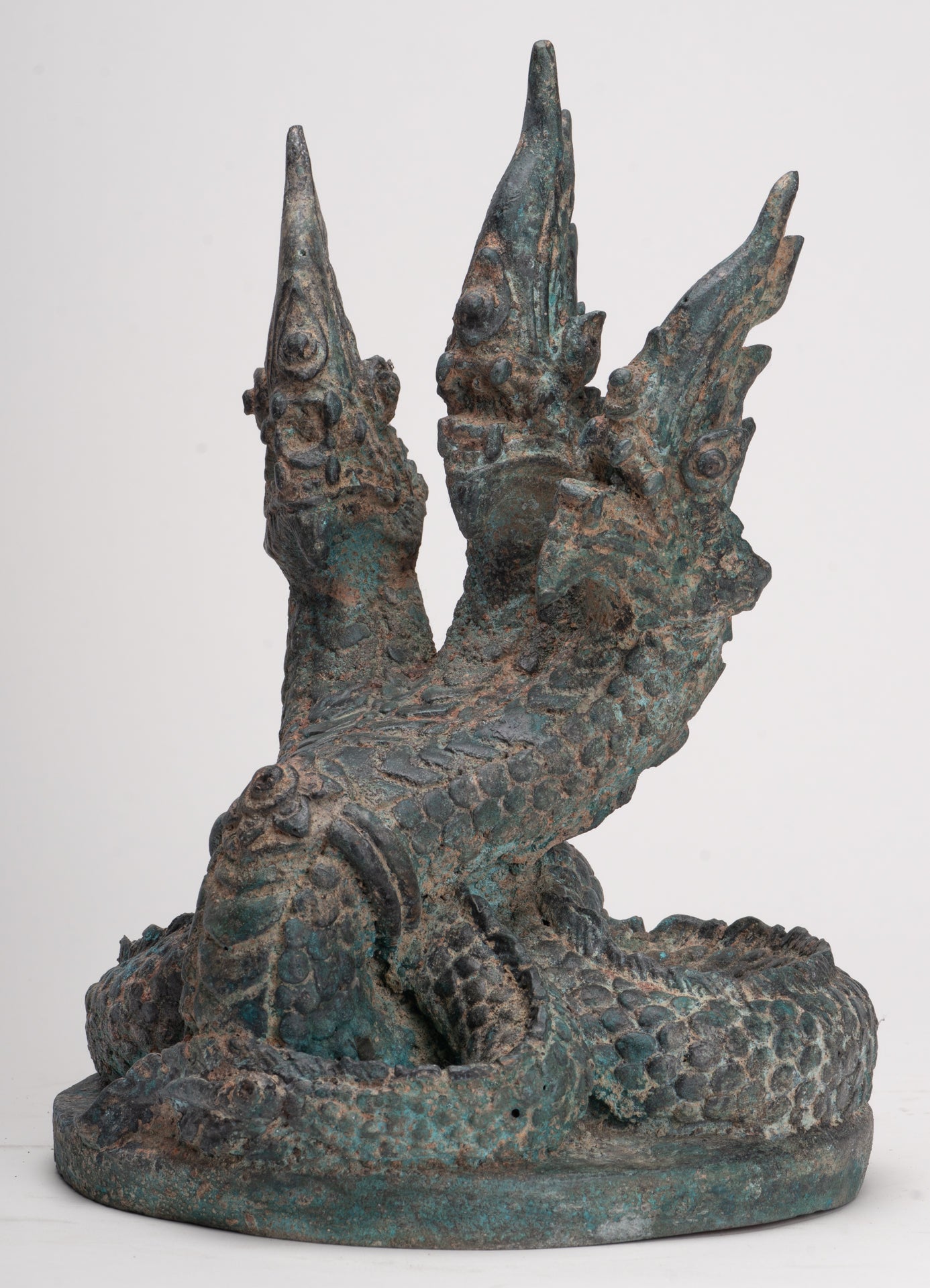 Antique Thai Style Bronze Protective Three Headed Naga, Snake or Serpent Statue - 32cm/13"