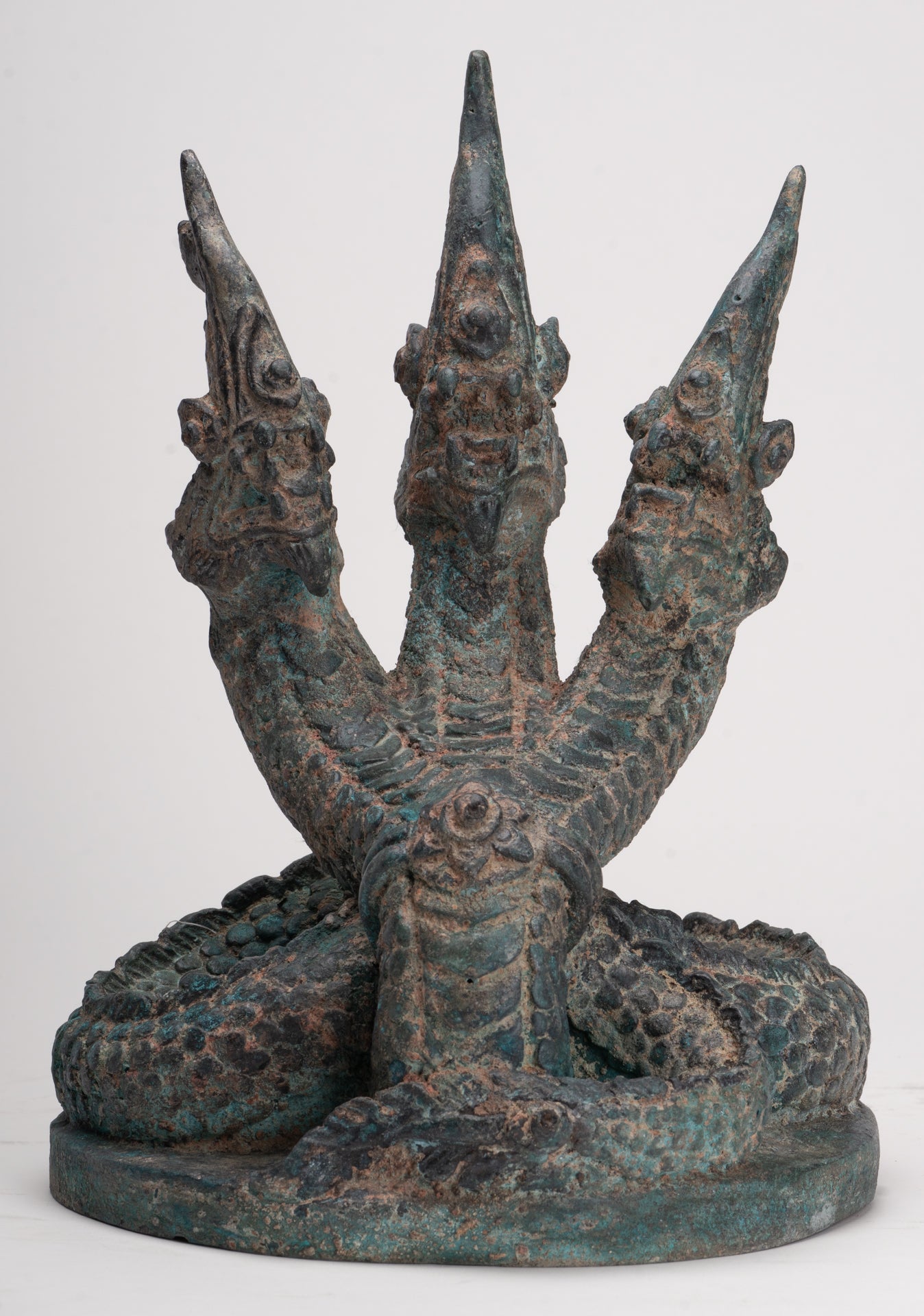 Antique Thai Style Bronze Protective Three Headed Naga, Snake or Serpent Statue - 32cm/13"