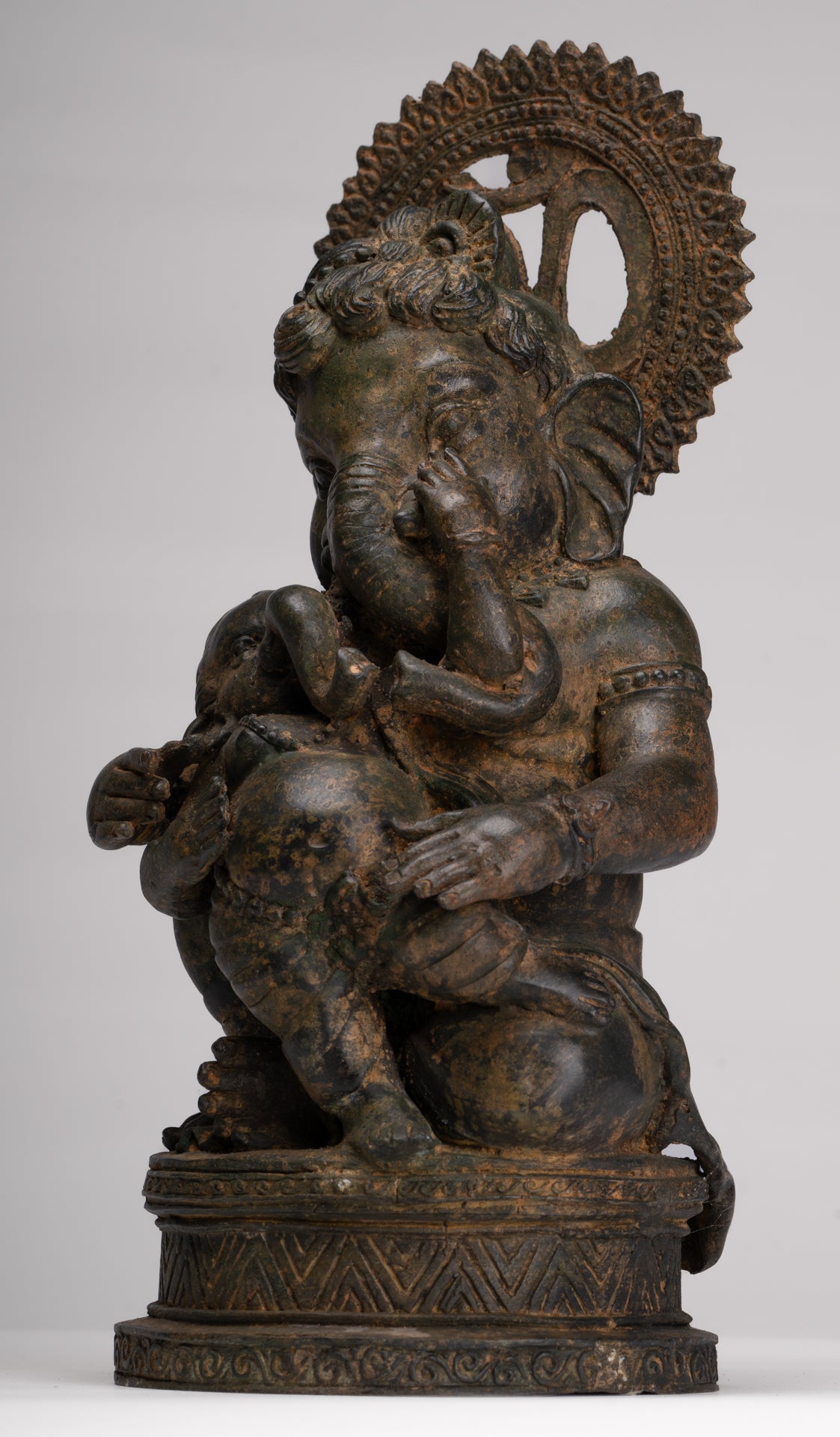Ganesha Statue - Antique Chola Style Seated Bronze Ganesh Statue with Baby Ganesh - 37cm/15"