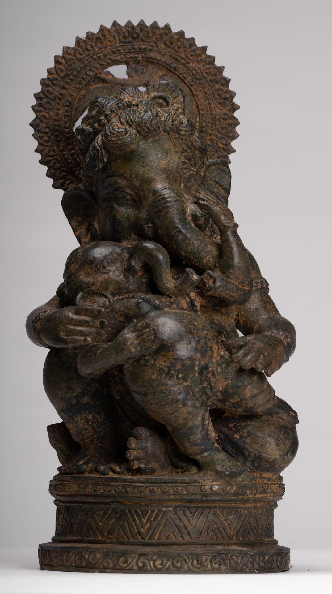 Ganesha Statue - Antique Chola Style Seated Bronze Ganesh Statue with Baby Ganesh - 37cm/15"