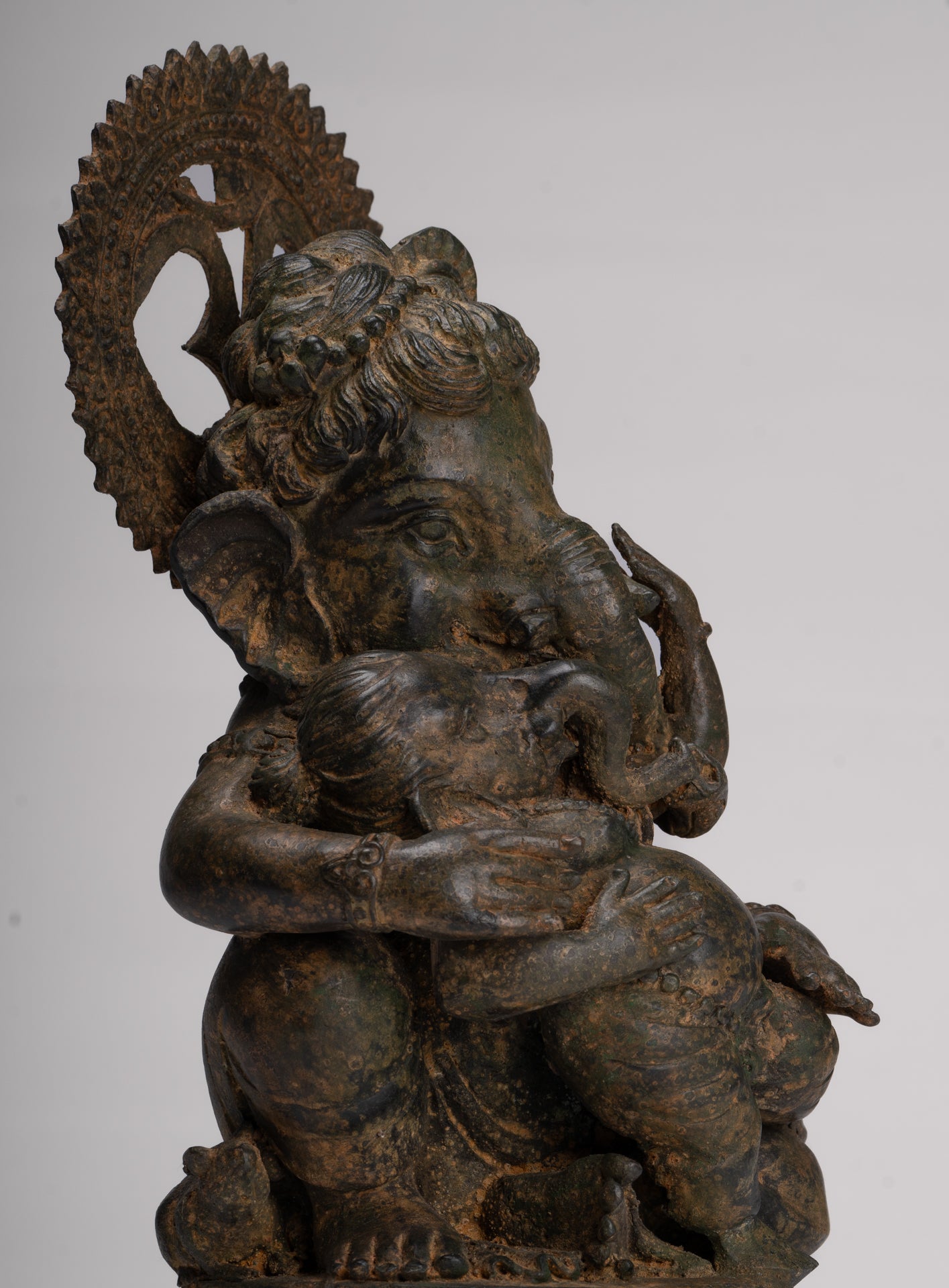 Ganesha Statue - Antique Chola Style Seated Bronze Ganesh Statue with Baby Ganesh - 37cm/15"