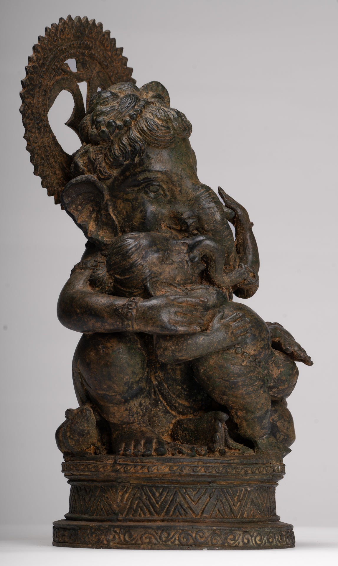 Ganesha Statue - Antique Chola Style Seated Bronze Ganesh Statue with Baby Ganesh - 37cm/15"