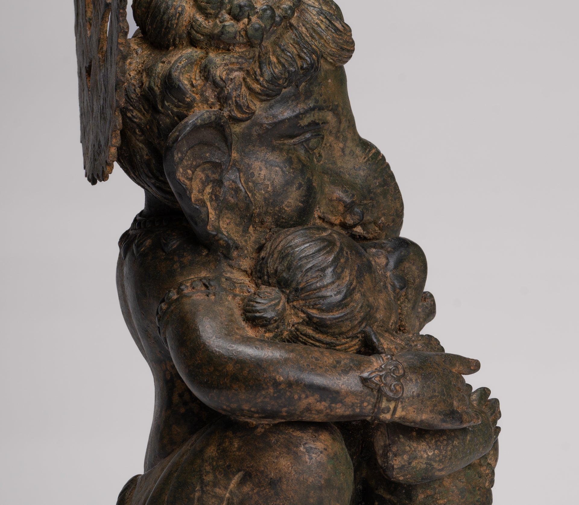 Ganesha Statue - Antique Chola Style Seated Bronze Ganesh Statue with Baby Ganesh - 37cm/15"