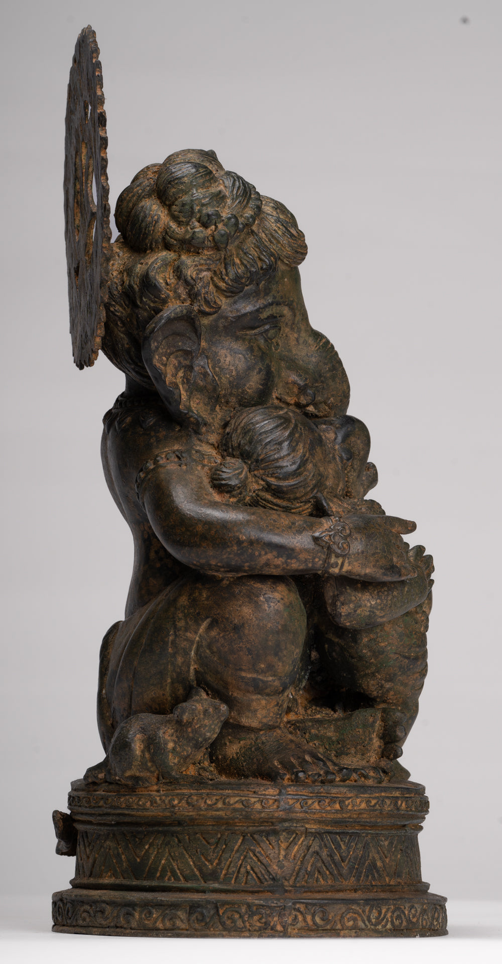 Ganesha Statue - Antique Chola Style Seated Bronze Ganesh Statue with Baby Ganesh - 37cm/15"