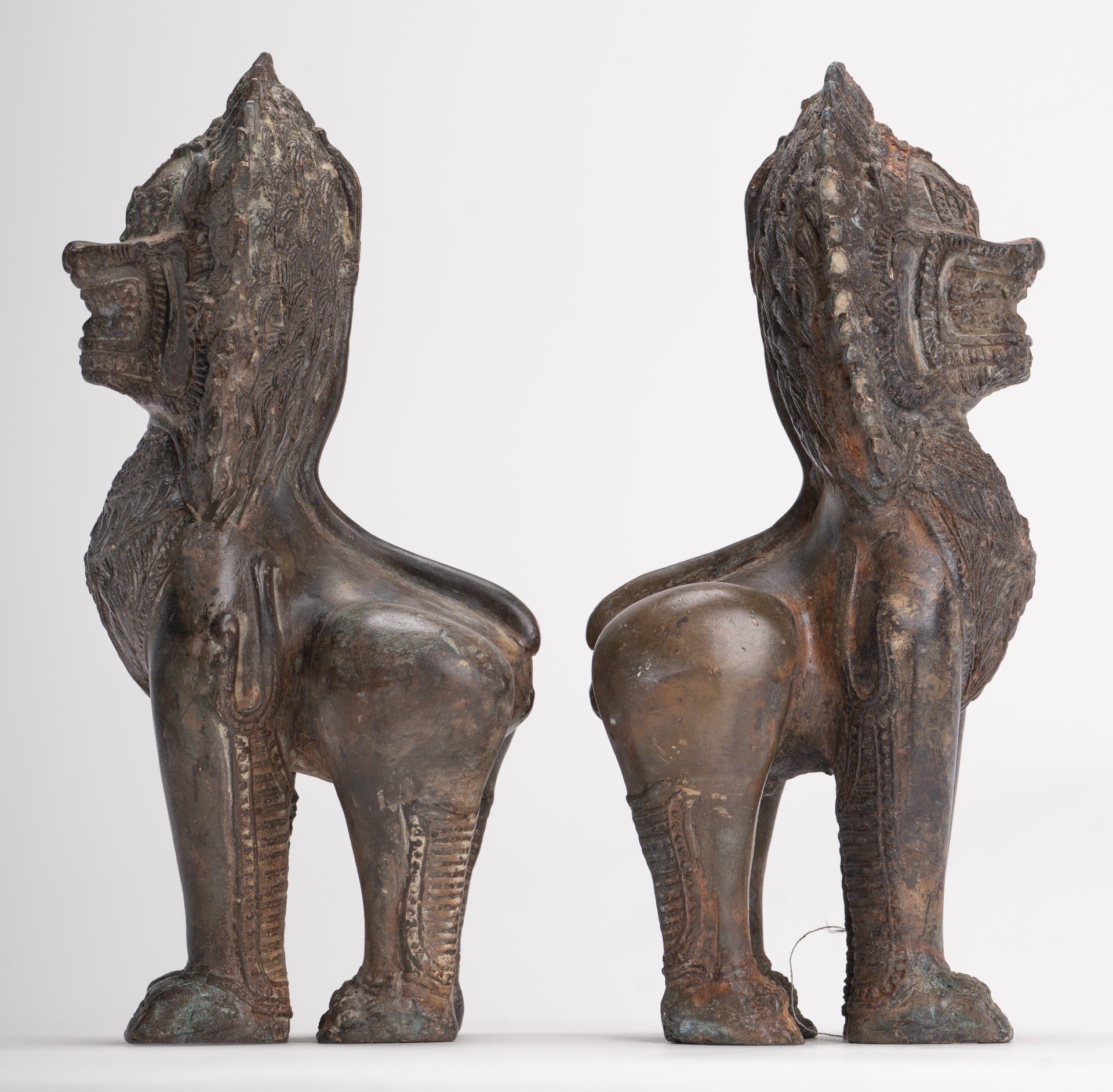 Temple Lions - Antique Thai Style Bronze Standing Singha Temple Guardians or Lions - 19cm/8" (Pair)