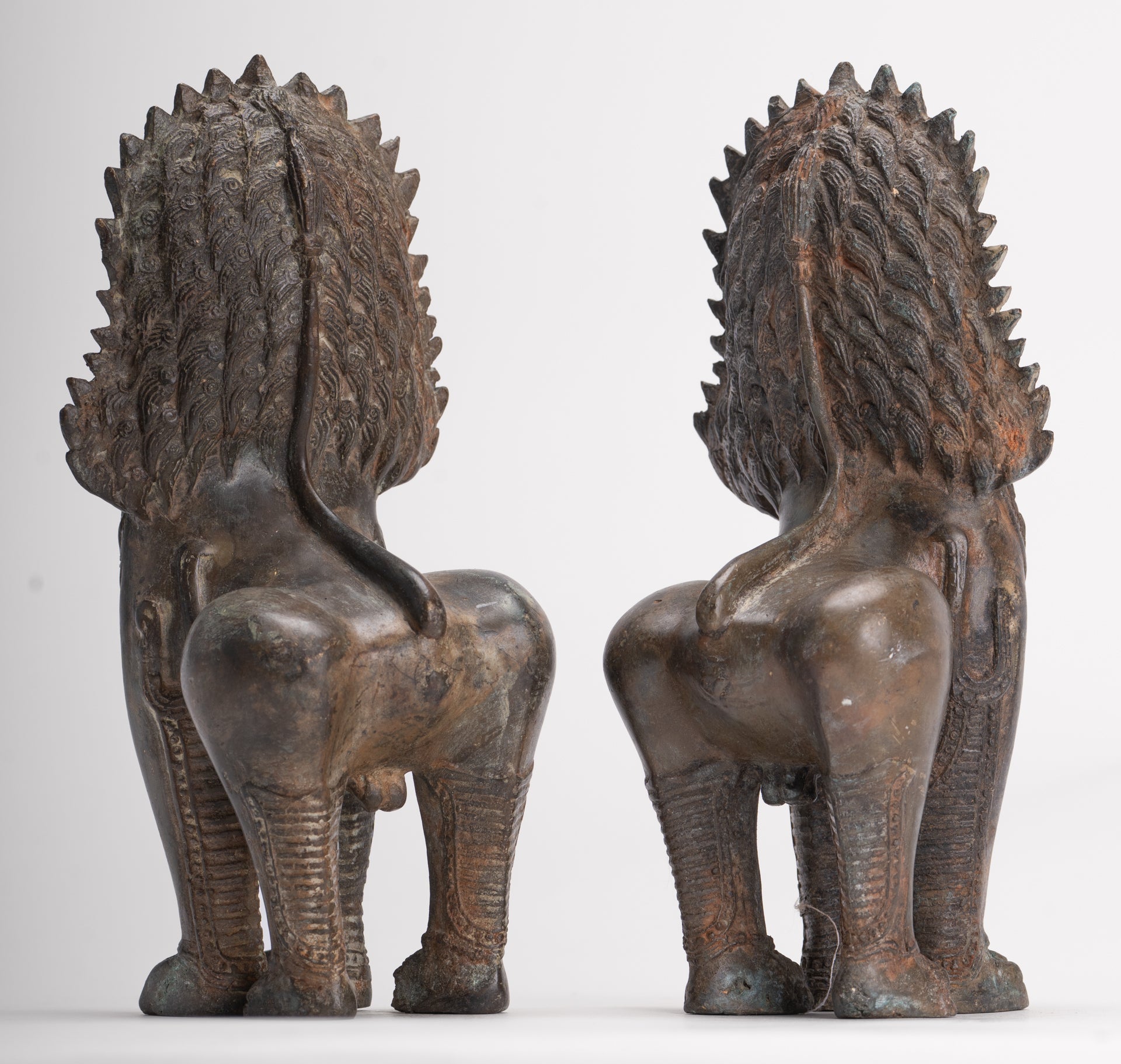 Temple Lions - Antique Thai Style Bronze Standing Singha Temple Guardians or Lions - 19cm/8" (Pair)