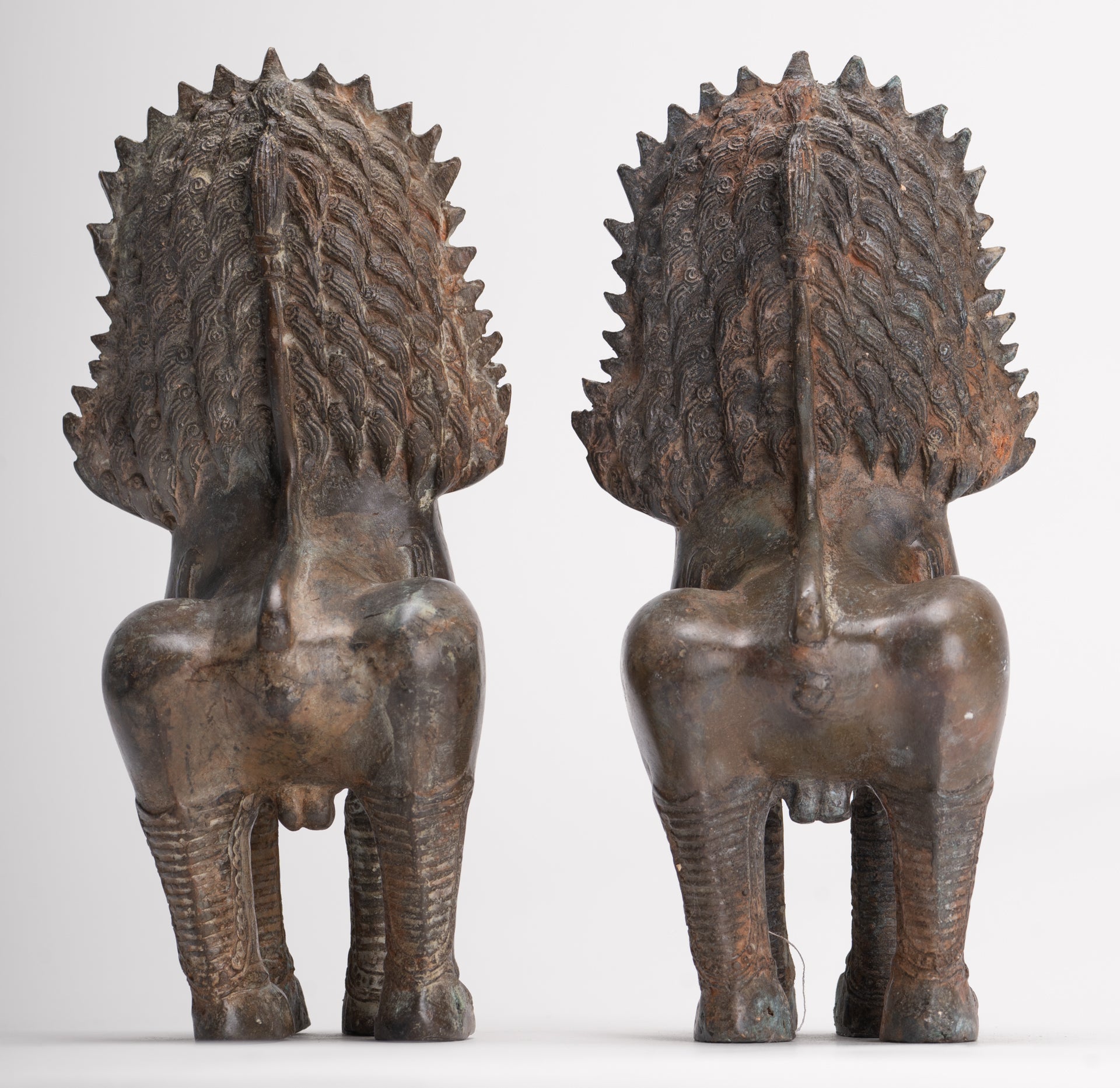 Temple Lions - Antique Thai Style Bronze Standing Singha Temple Guardians or Lions - 19cm/8" (Pair)