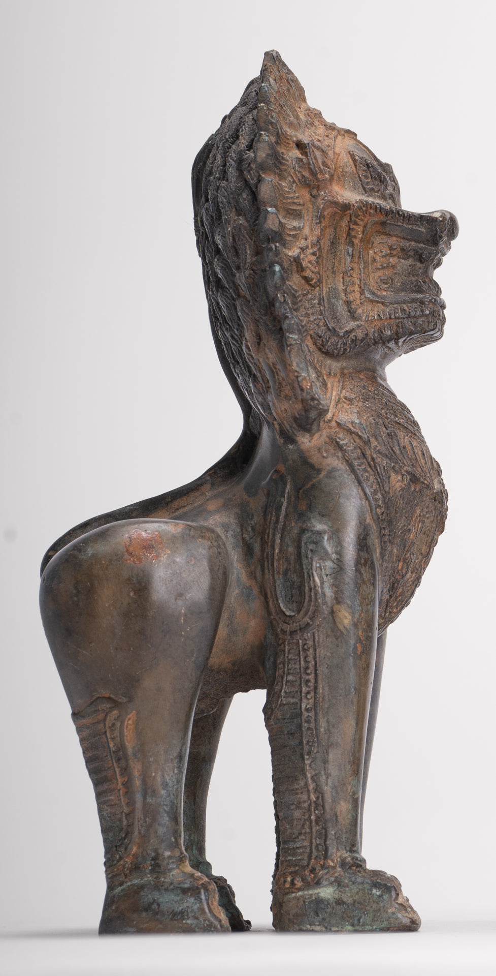 Temple Lions - Antique Thai Style Bronze Standing Singha Temple Guardians or Lions - 19cm/8" (Pair)