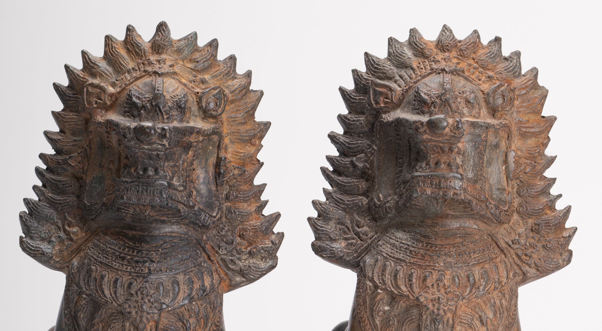 Temple Lions - Antique Thai Style Bronze Standing Singha Temple Guardians or Lions - 19cm/8" (Pair)