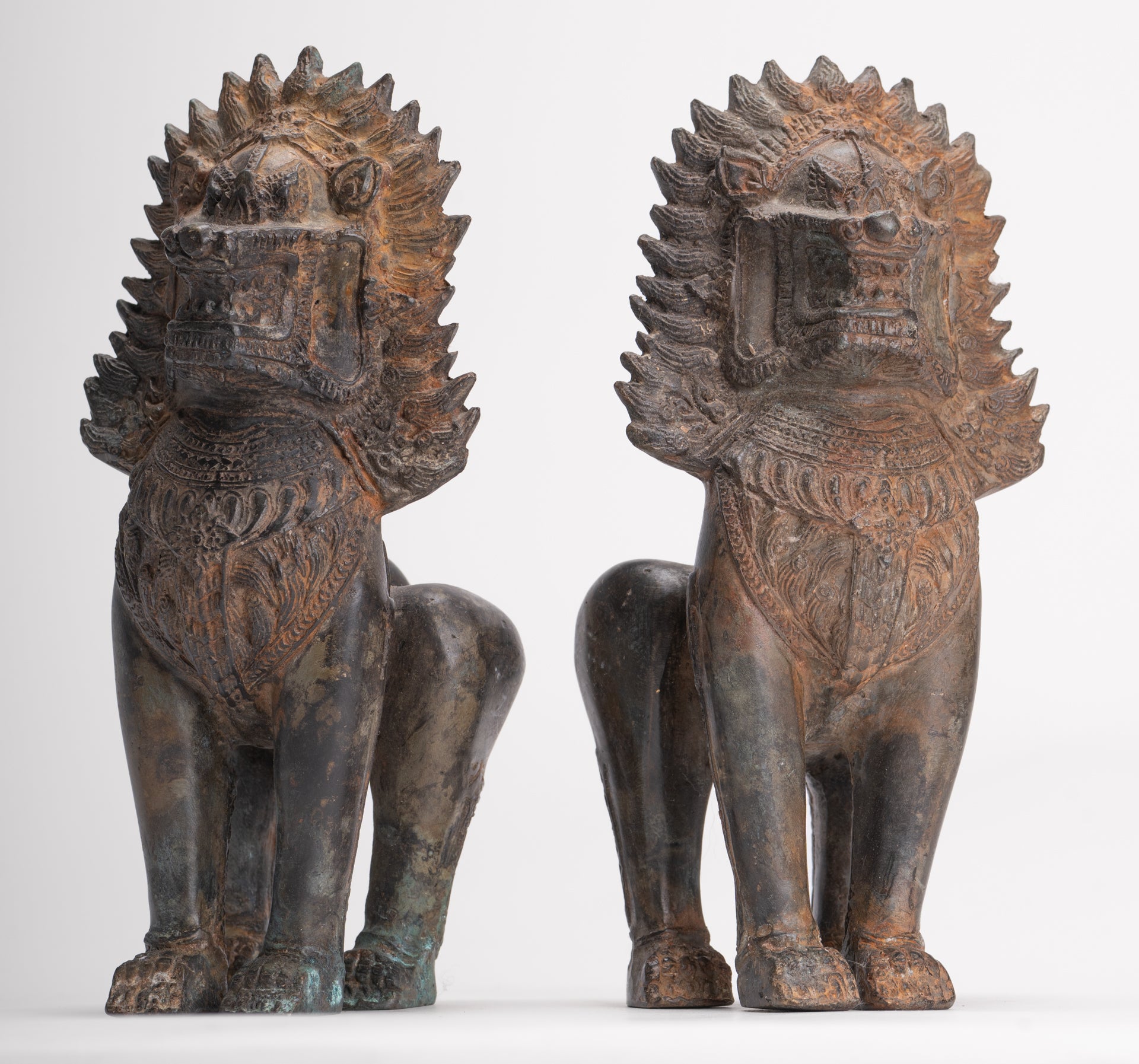 Temple Lions - Antique Thai Style Bronze Standing Singha Temple Guardians or Lions - 19cm/8" (Pair)