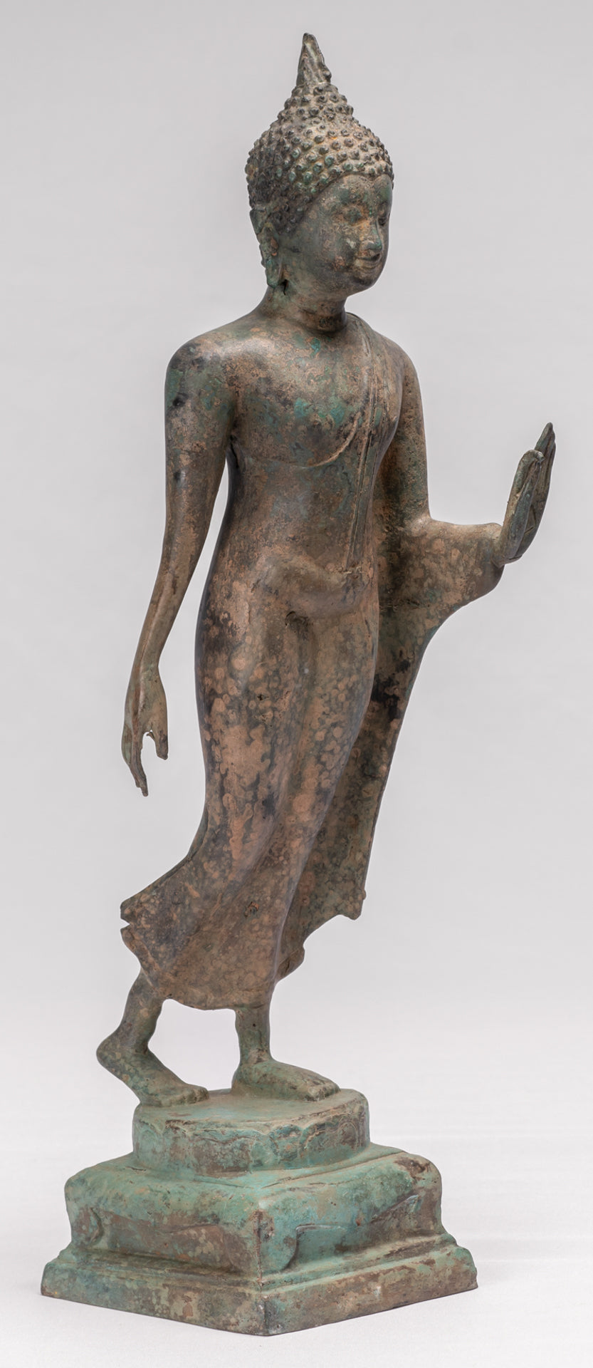 Antique Sukhothai Style Standing Bronze Protection Walking Buddha Statue - 42cm/17"