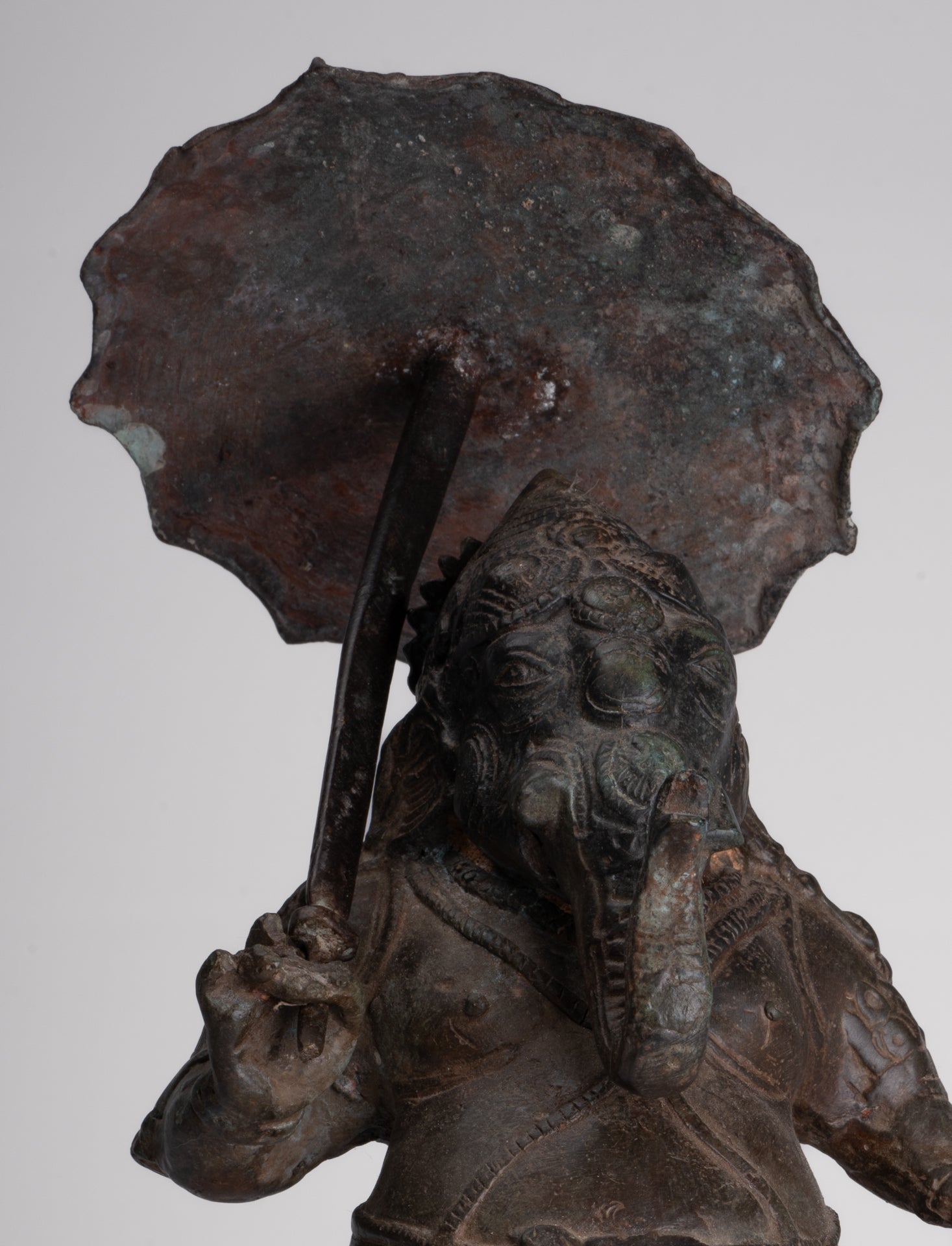 Antique Chola Style Standing Bronze Bridegroom or Mappilai Ganesha Statue w/Umbrella - 37cm/15"