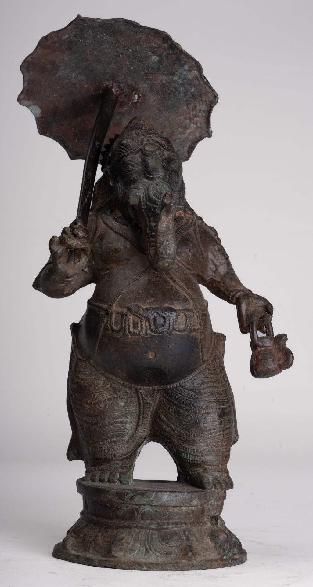 Antique Chola Style Standing Bronze Bridegroom or Mappilai Ganesha Statue w/Umbrella - 37cm/15"