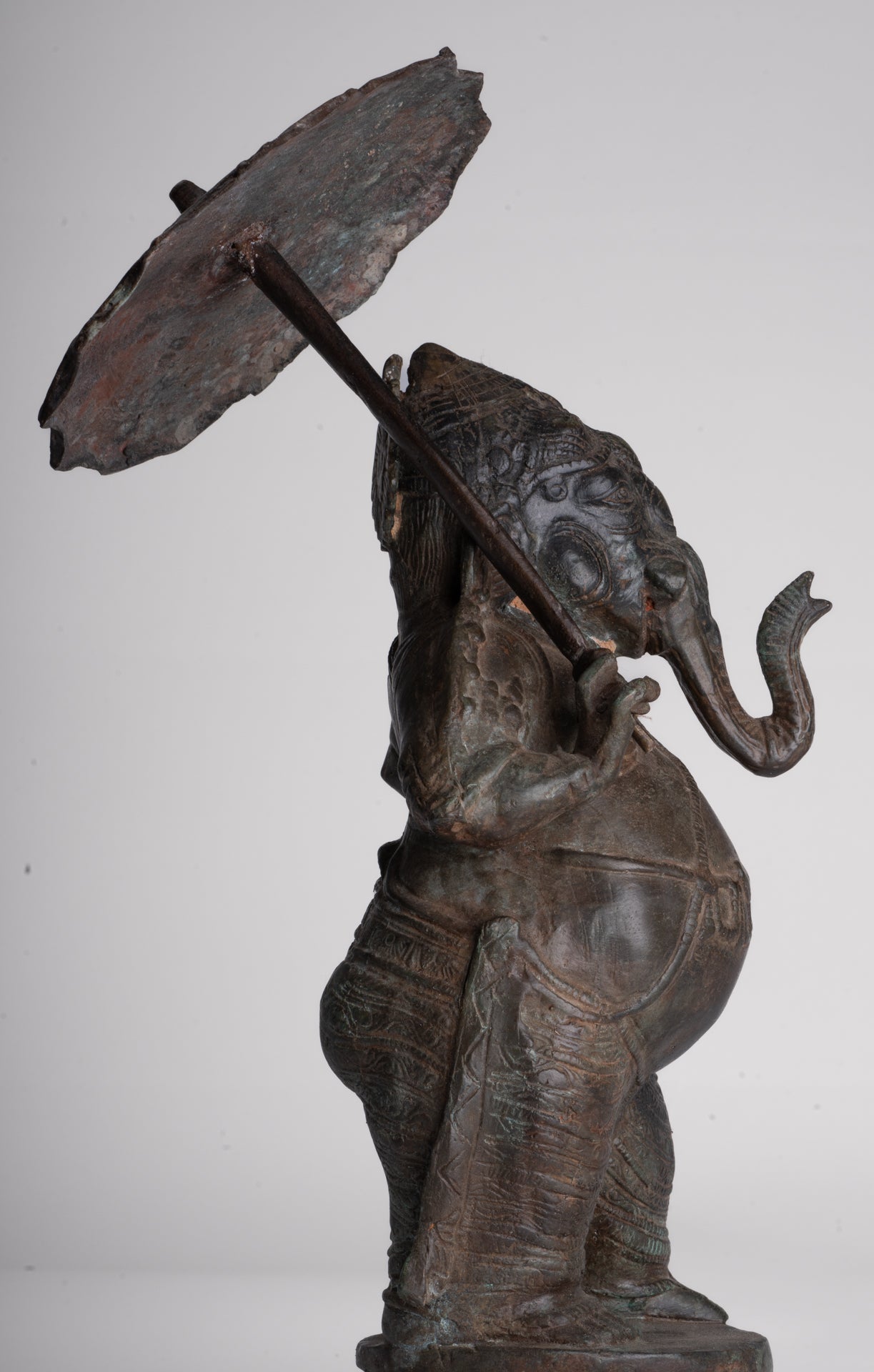 Antique Chola Style Standing Bronze Bridegroom or Mappilai Ganesha Statue w/Umbrella - 37cm/15"