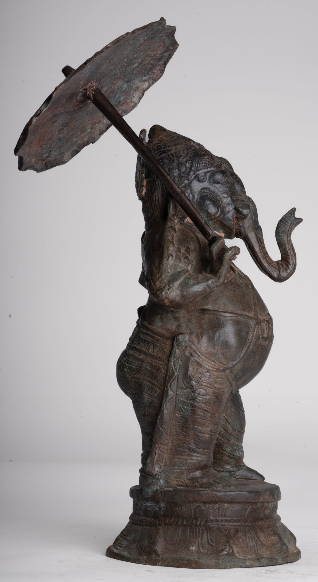 Antique Chola Style Standing Bronze Bridegroom or Mappilai Ganesha Statue w/Umbrella - 37cm/15"