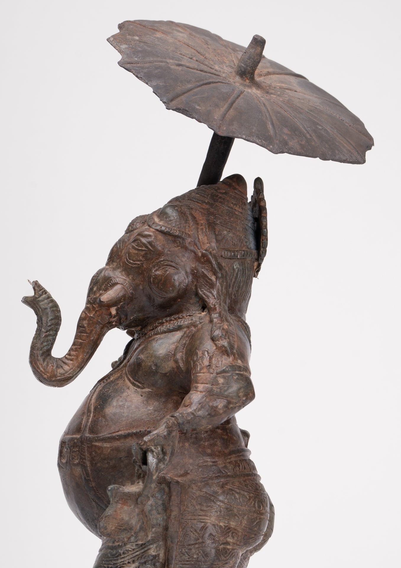 Antique Chola Style Standing Bronze Bridegroom or Mappillai Ganesha Statue w/Umbrella - 39cm/16"