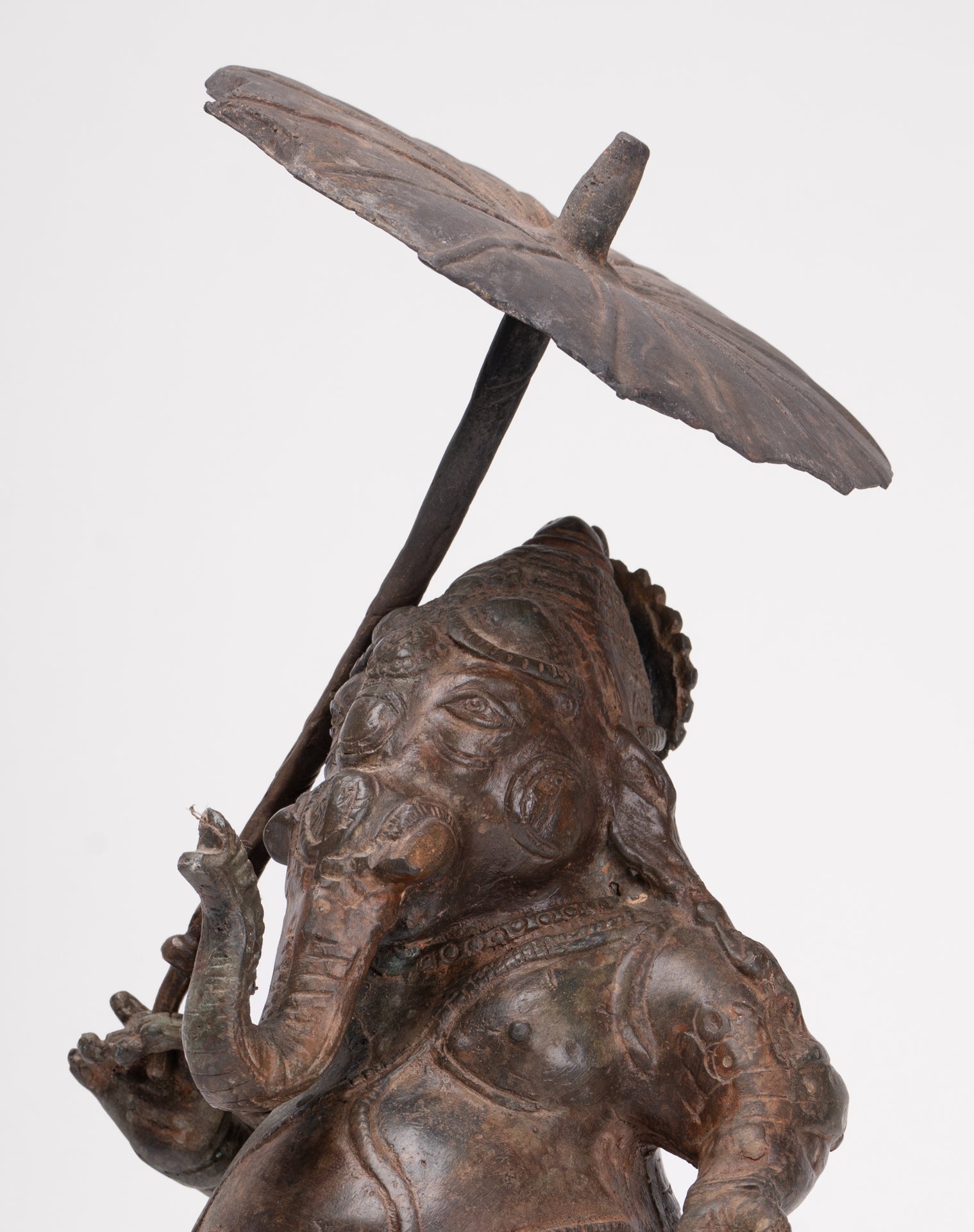 Antique Chola Style Standing Bronze Bridegroom or Mappillai Ganesha Statue w/Umbrella - 39cm/16"