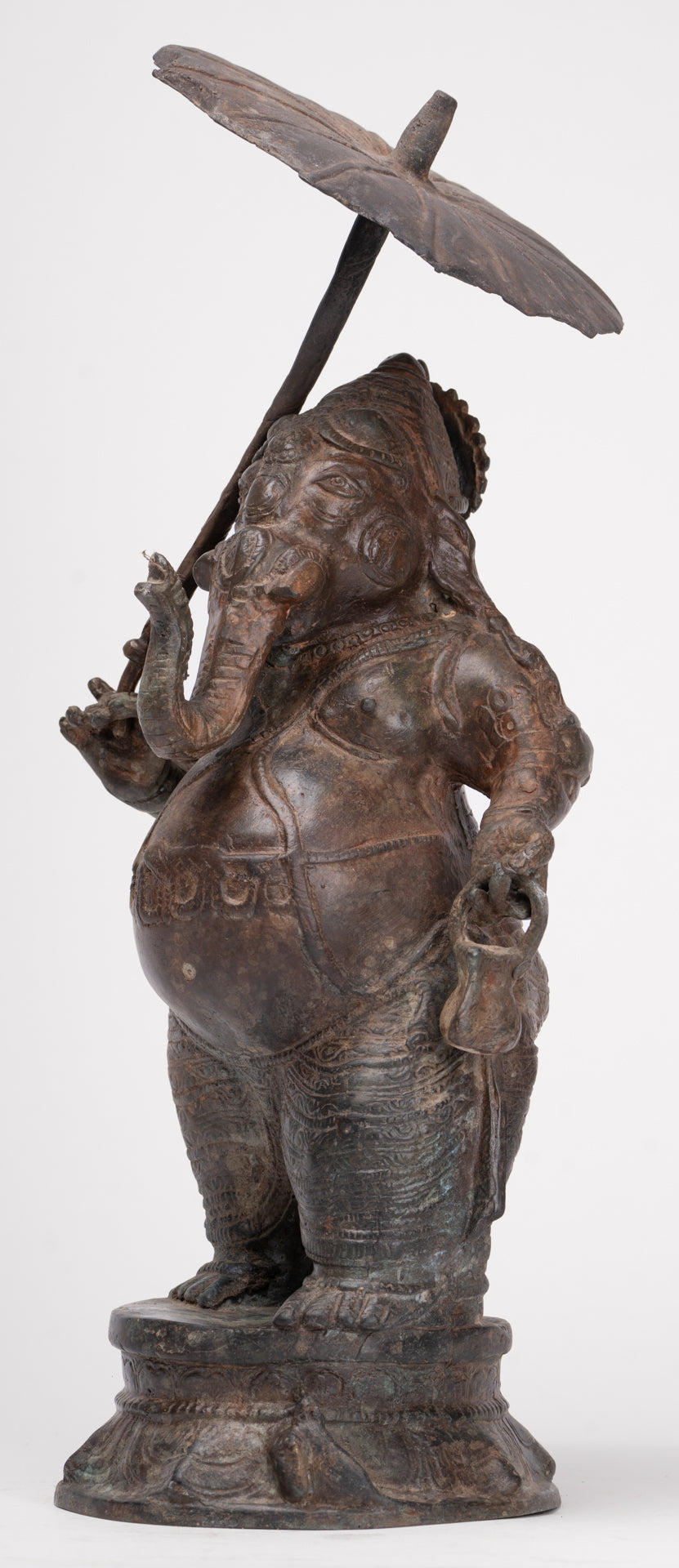 Antique Chola Style Standing Bronze Bridegroom or Mappillai Ganesha Statue w/Umbrella - 39cm/16"