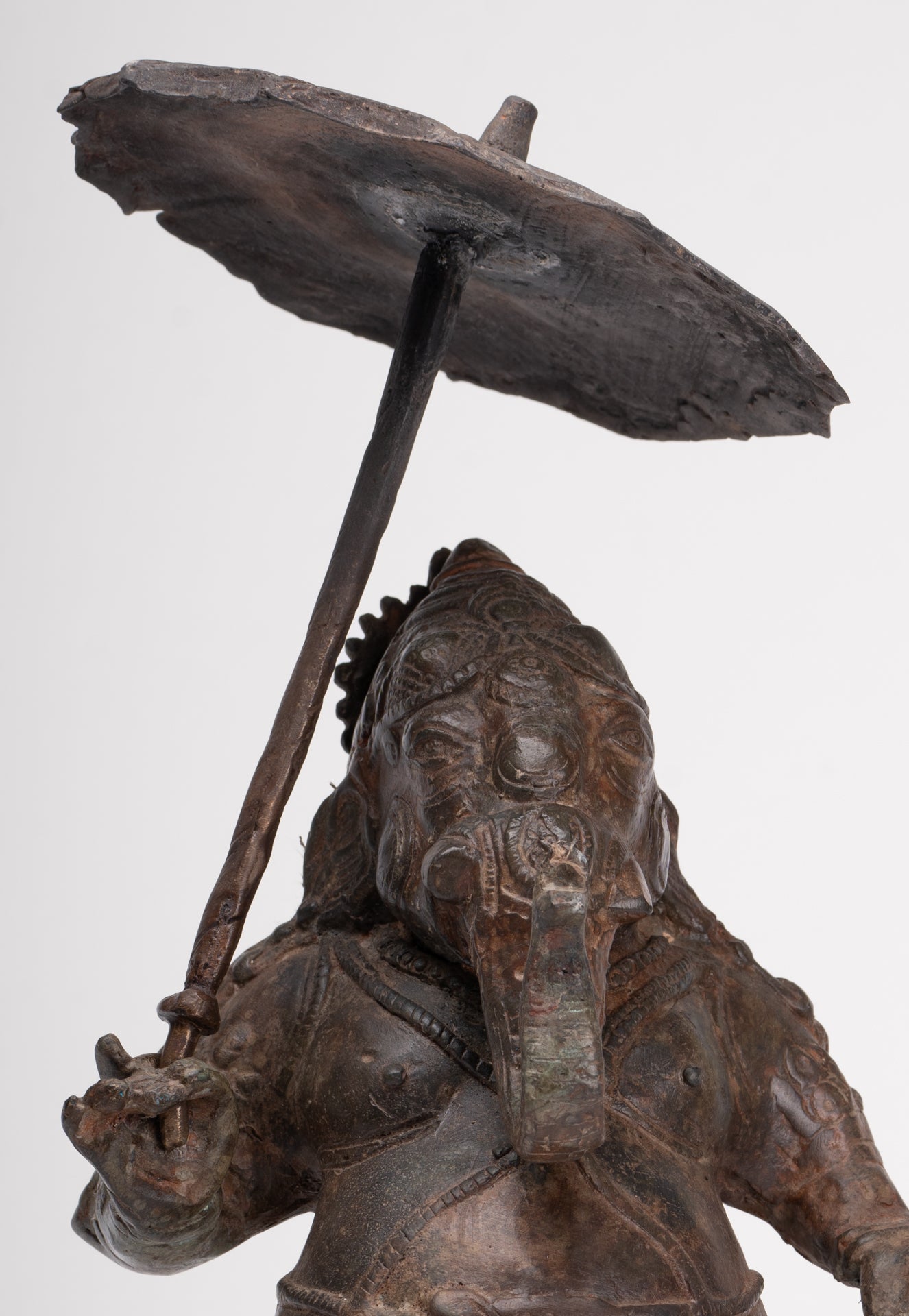 Antique Chola Style Standing Bronze Bridegroom or Mappillai Ganesha Statue w/Umbrella - 39cm/16"