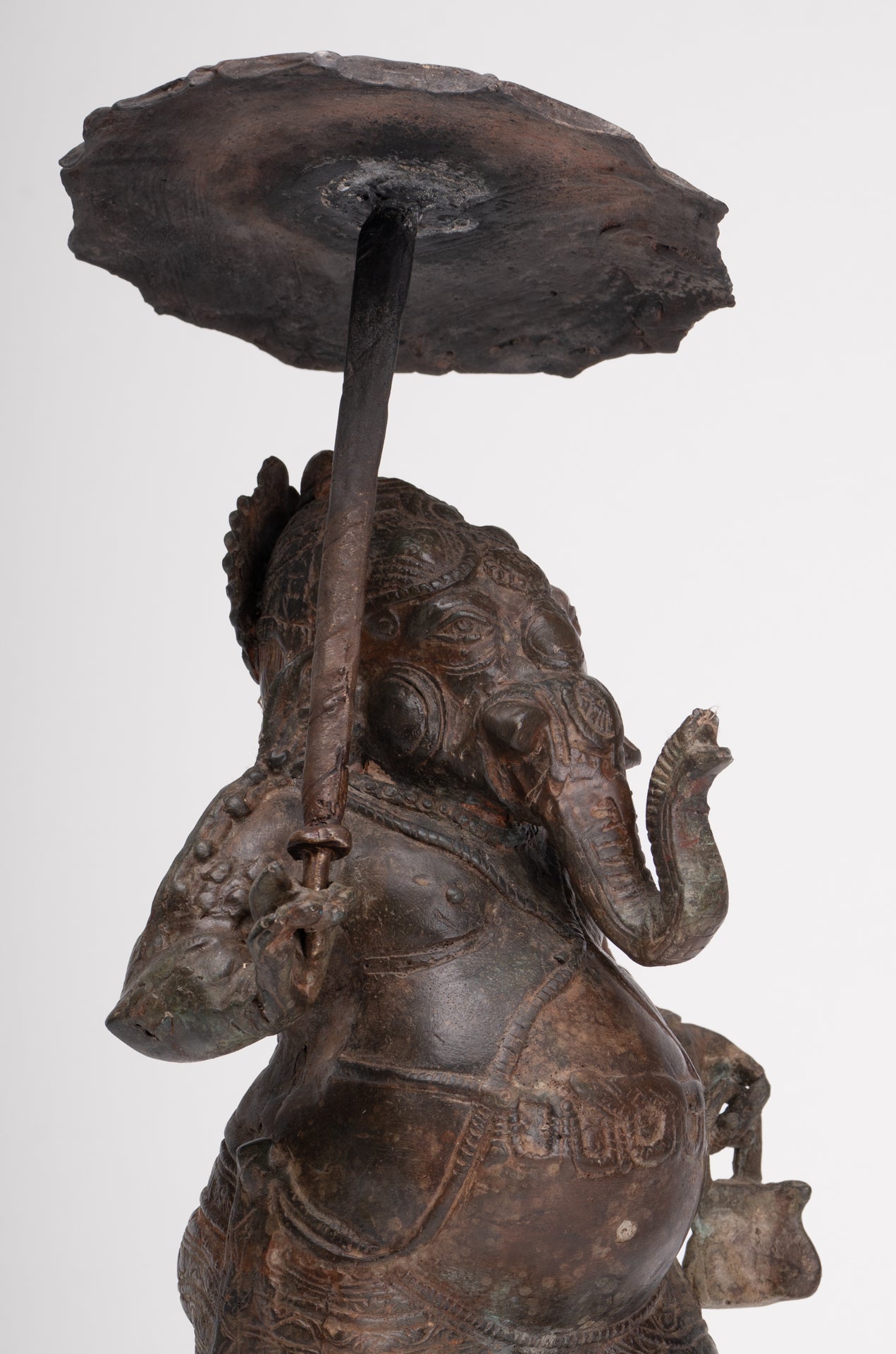 Antique Chola Style Standing Bronze Bridegroom or Mappillai Ganesha Statue w/Umbrella - 39cm/16"