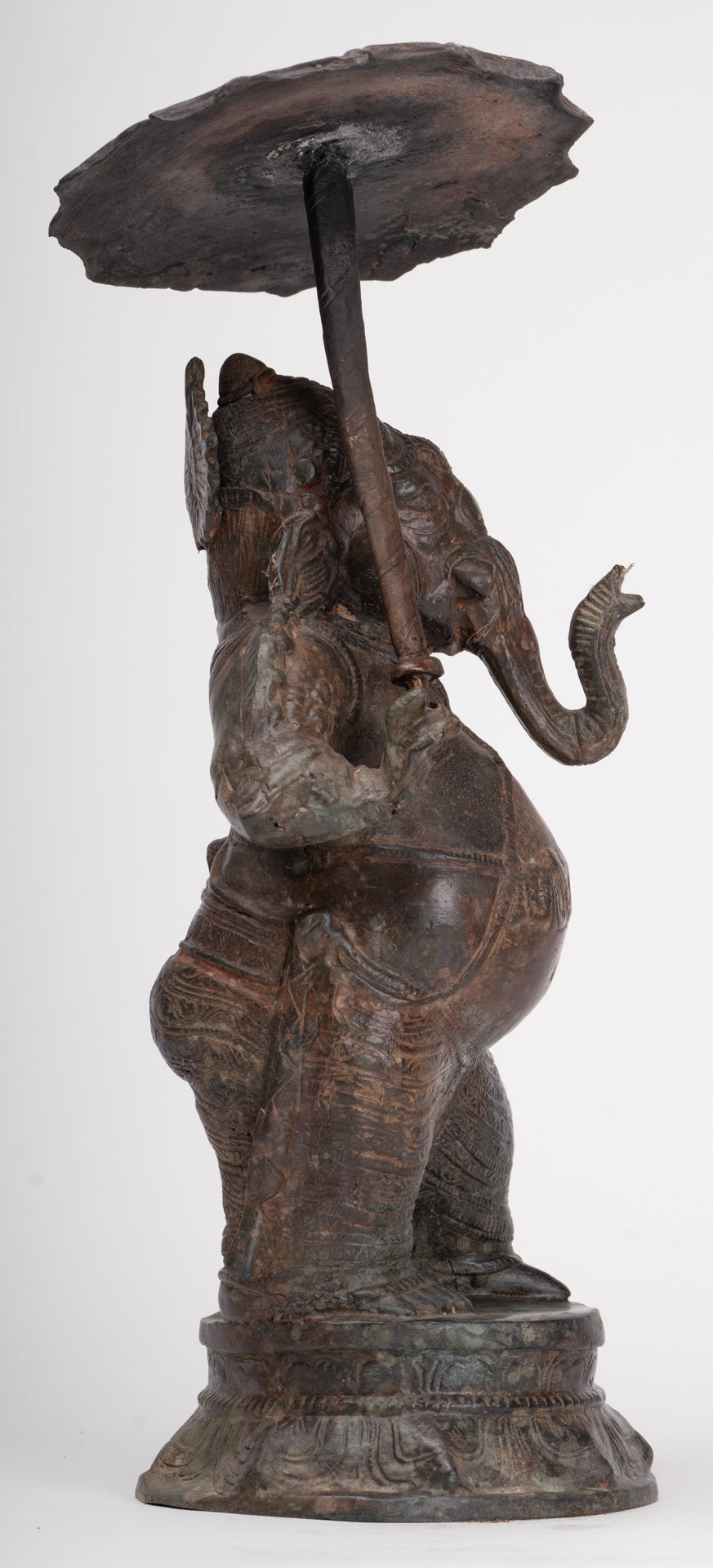 Antique Chola Style Standing Bronze Bridegroom or Mappillai Ganesha Statue w/Umbrella - 39cm/16"