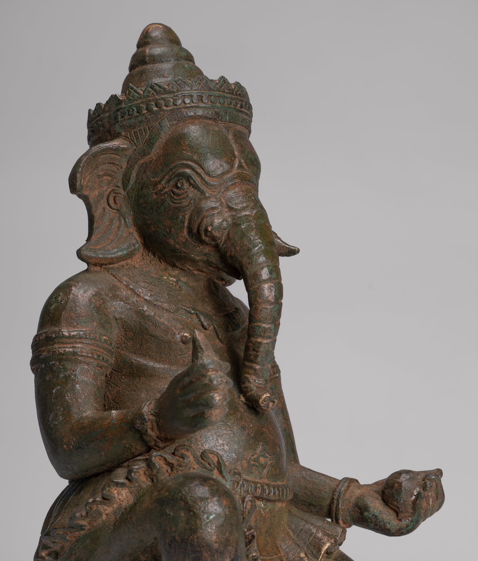 Ganesha Statue - Antique Thai Style Bronze Kneeling Ganesh Statue - 34cm/14"