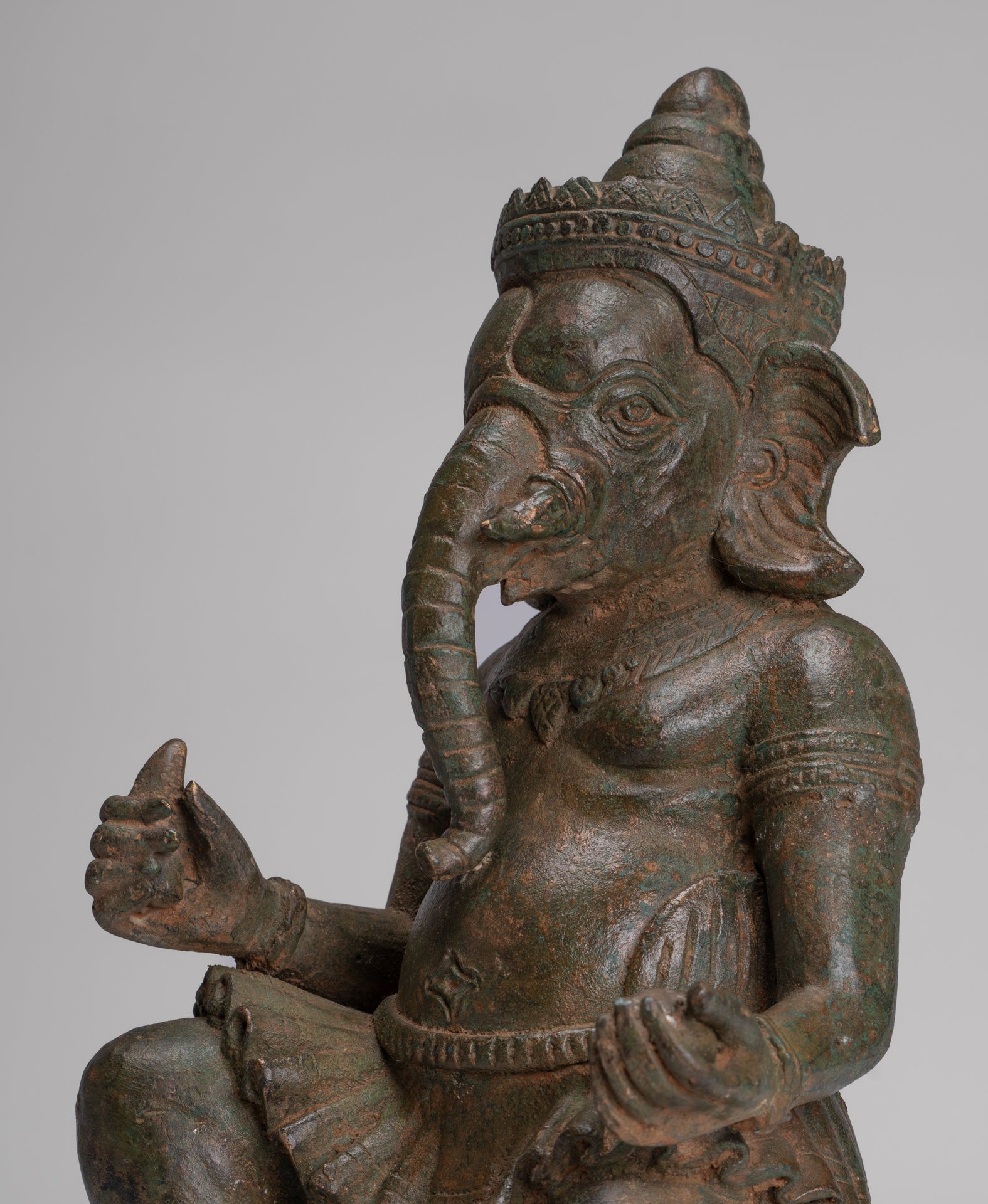 Ganesha Statue - Antique Thai Style Bronze Kneeling Ganesh Statue - 34cm/14"