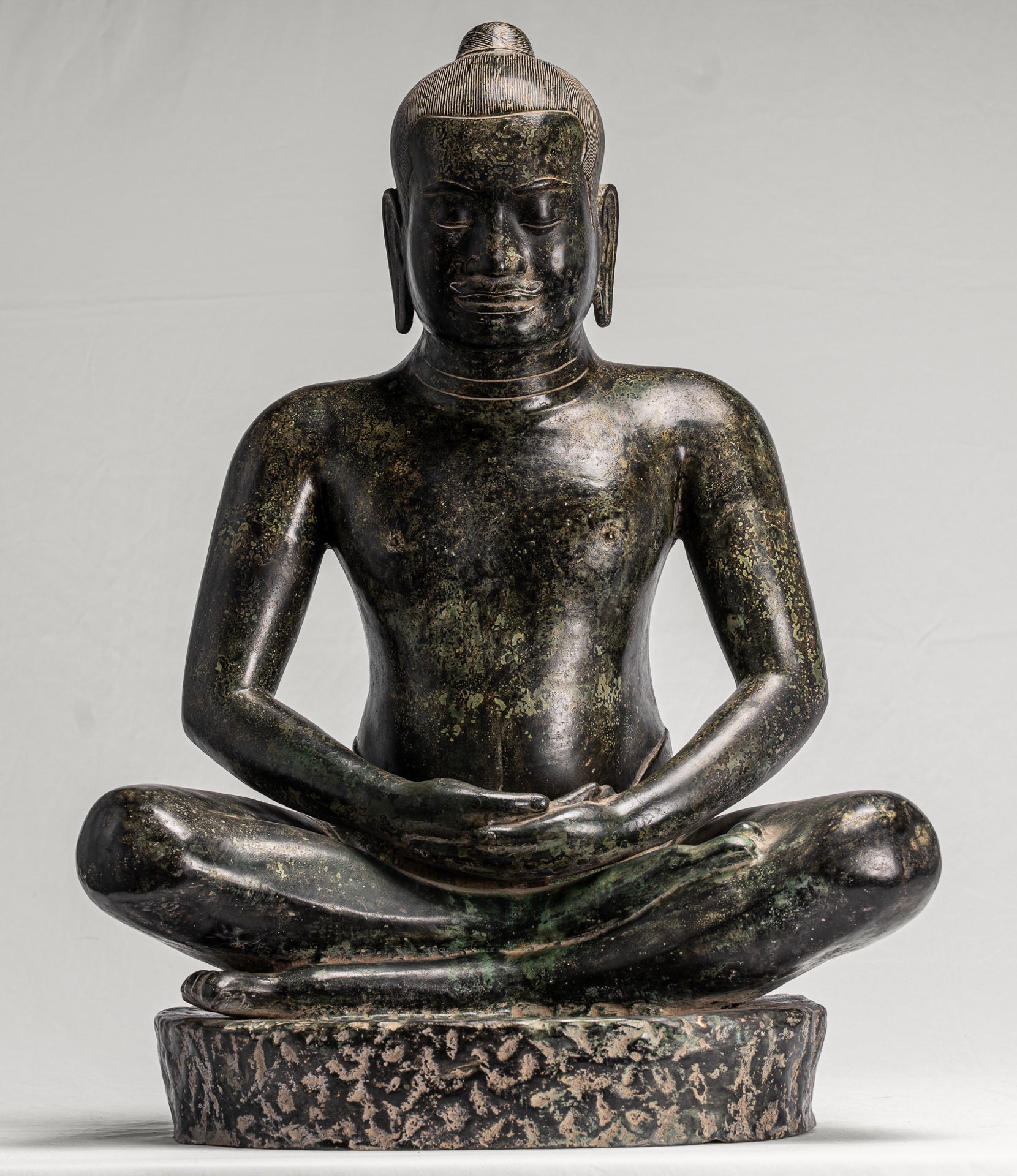 Antique Khmer Style Seated Bronze Meditation Jayavarman VII Statue - 68cm/27"