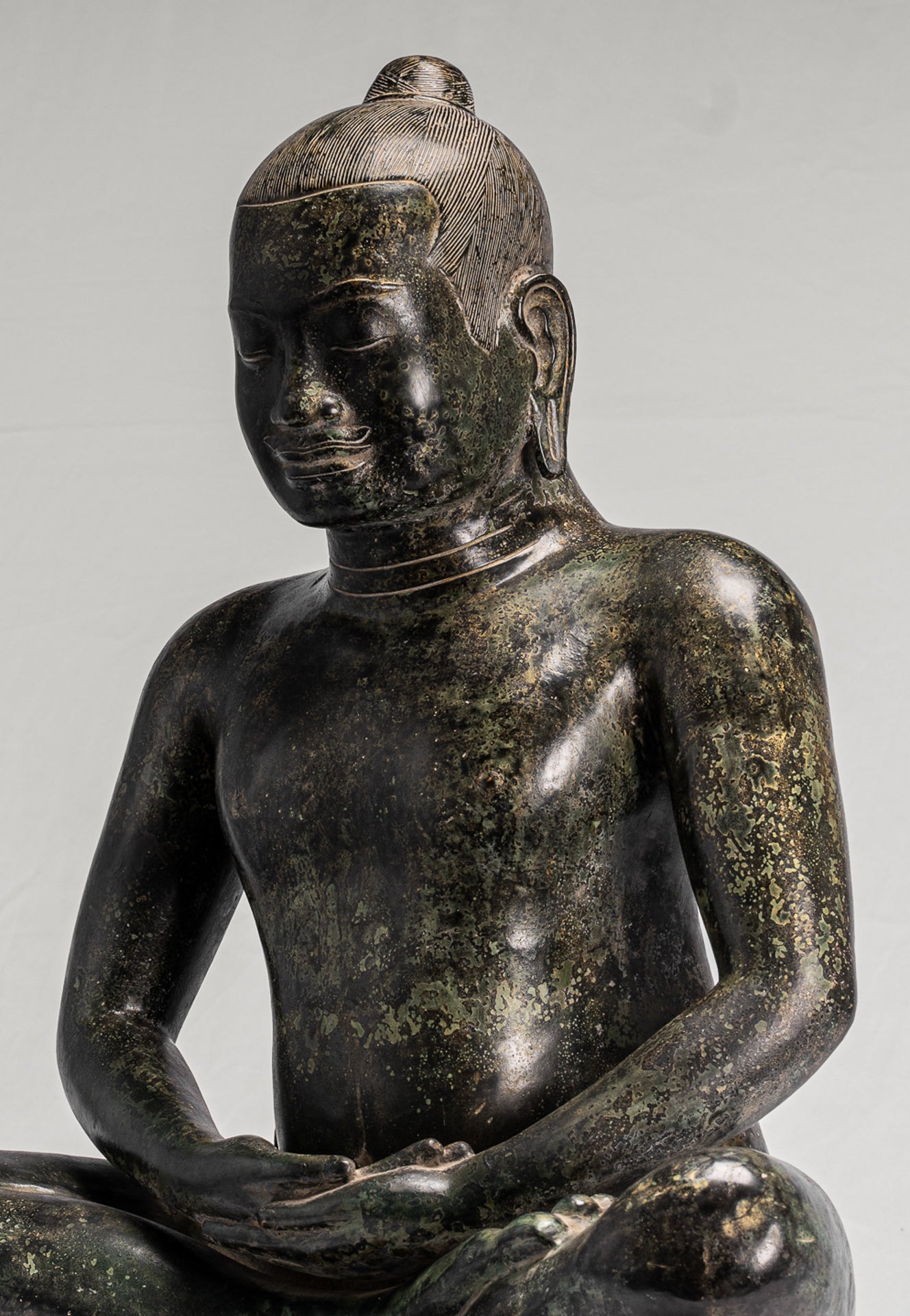 Antique Khmer Style Seated Bronze Meditation Jayavarman VII Statue - 68cm/27"