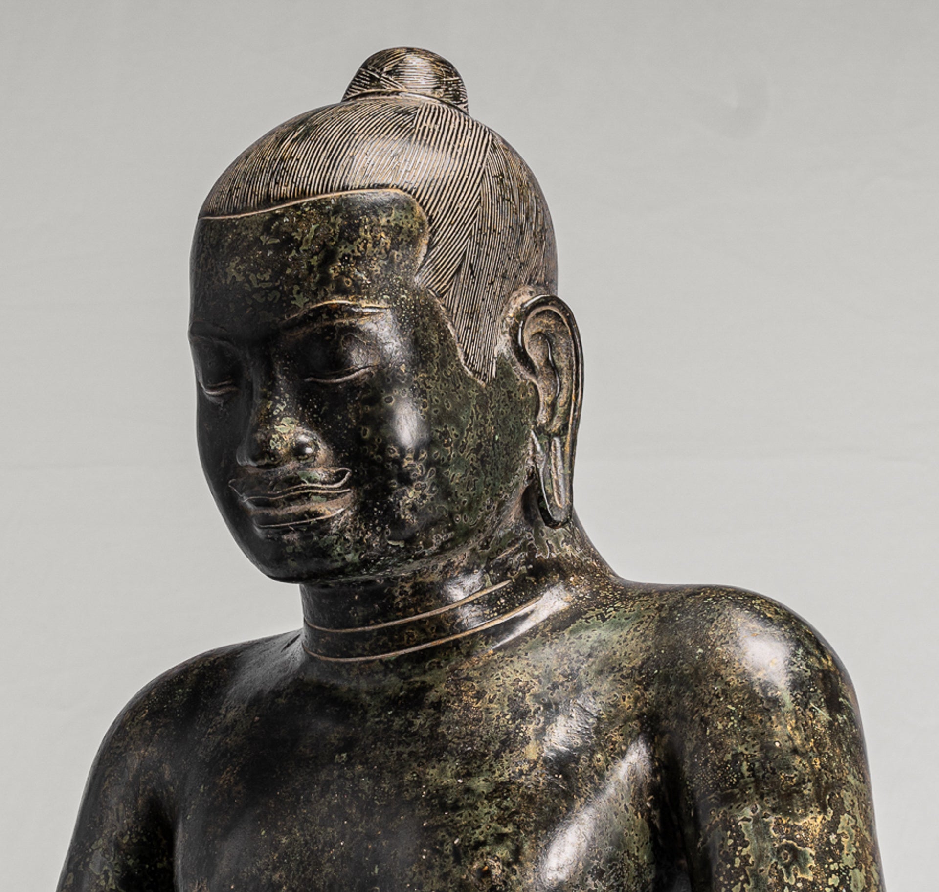 Antique Khmer Style Seated Bronze Meditation Jayavarman VII Statue - 68cm/27"