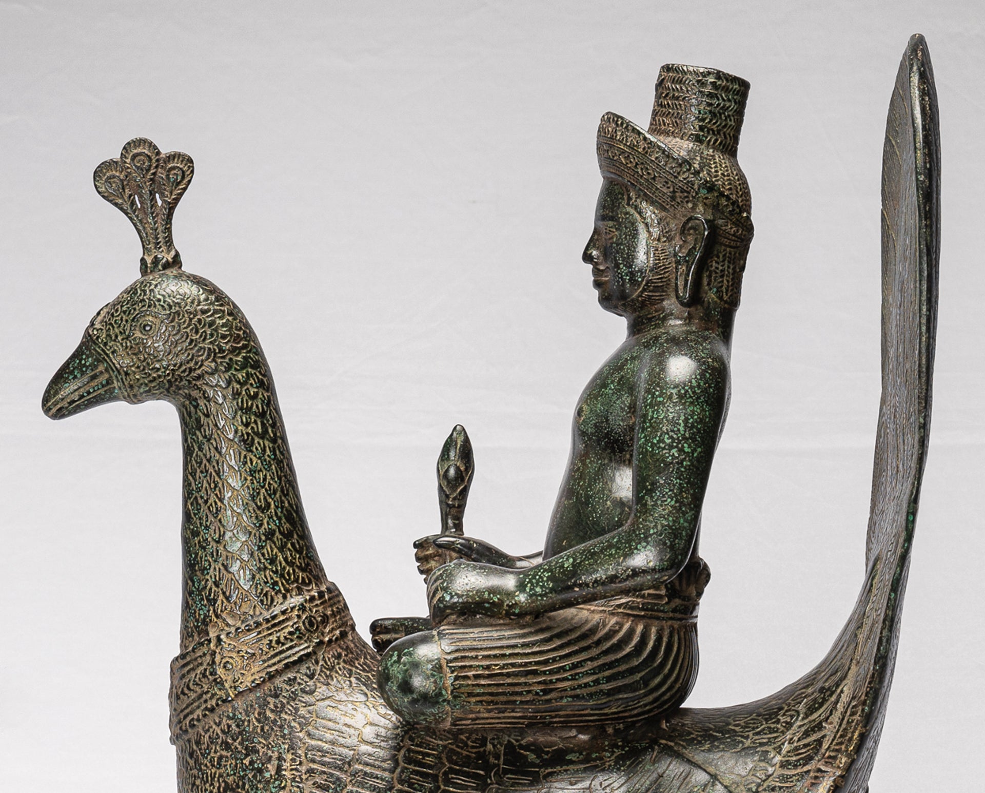 Murugan Statue - Antique Khmer Style Bronze Murugan on His Peacock - 53cm/21"