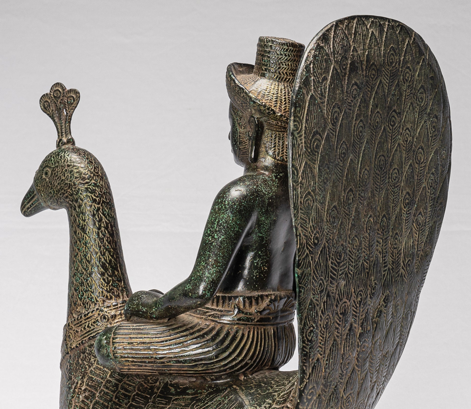 Murugan Statue - Antique Khmer Style Bronze Murugan on His Peacock - 53cm/21"