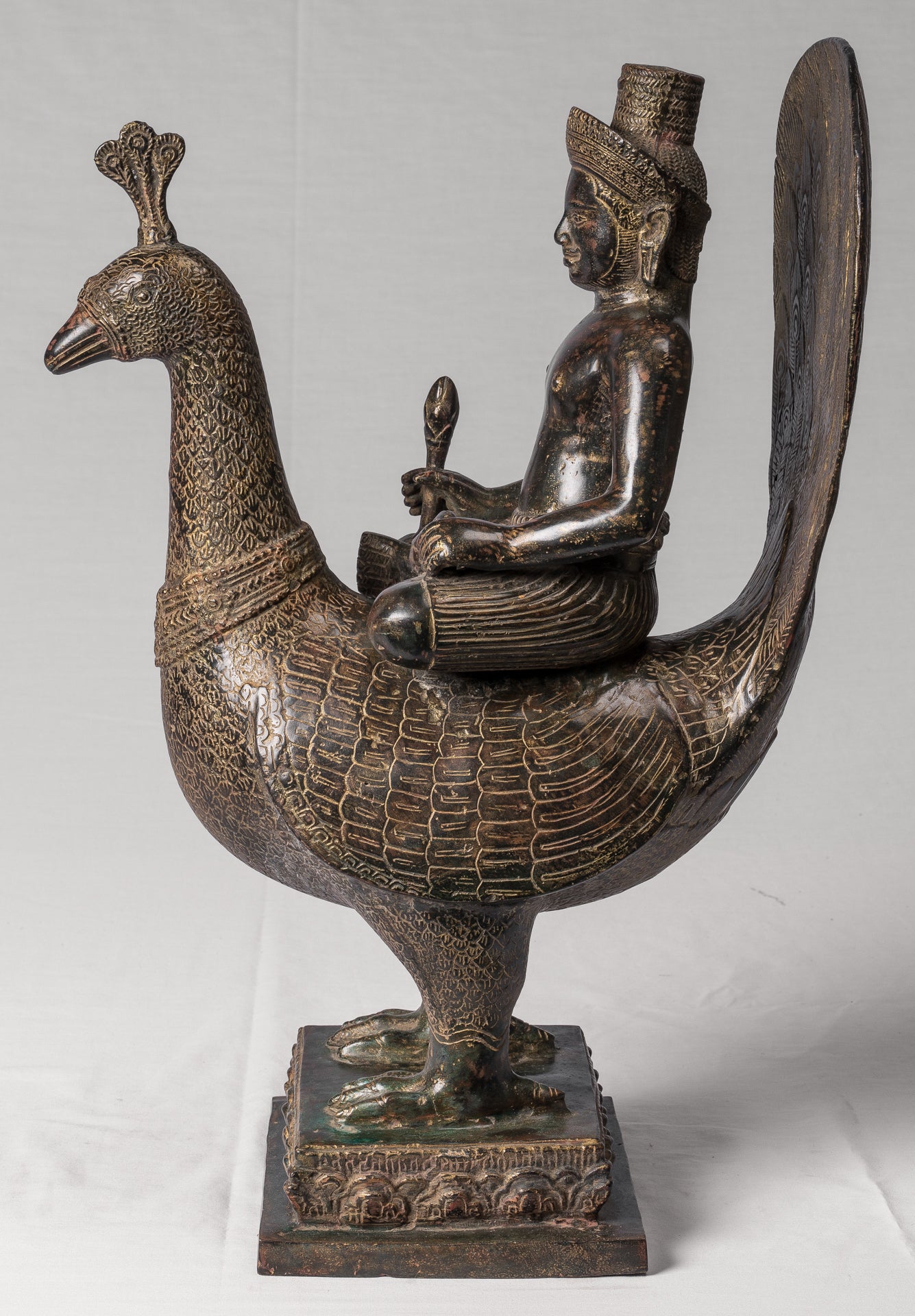Murugan Statue - Antique Khmer Style Bronze Murugan on His Peacock - 53cm/21"
