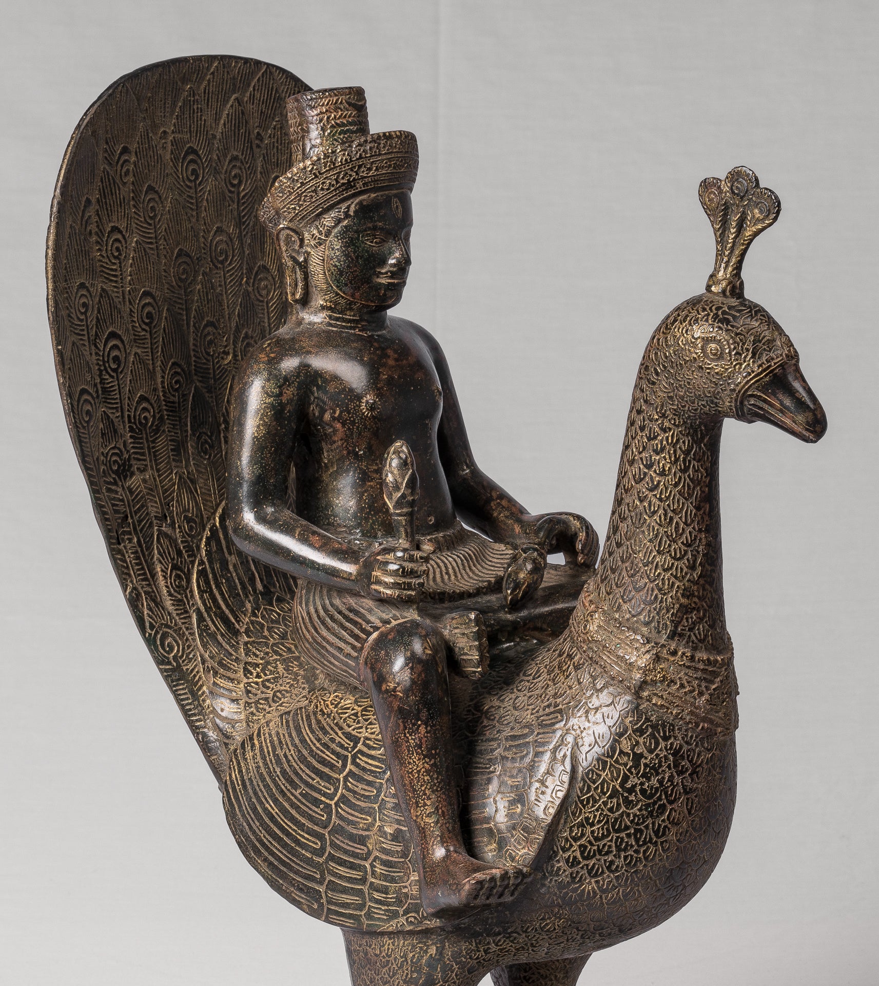 Murugan Statue - Antique Khmer Style Bronze Murugan on His Peacock - 53cm/21"