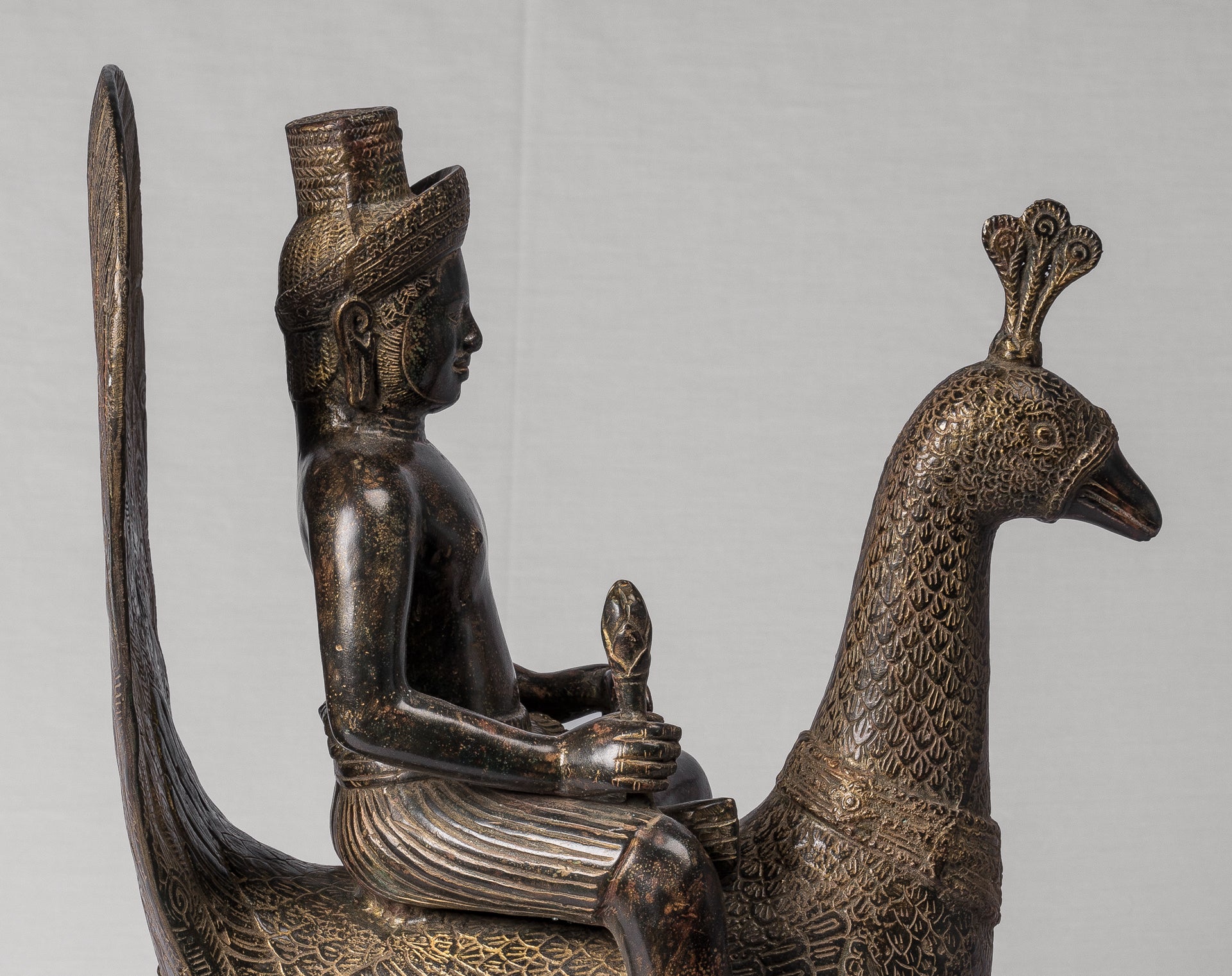 Murugan Statue - Antique Khmer Style Bronze Murugan on His Peacock - 53cm/21"