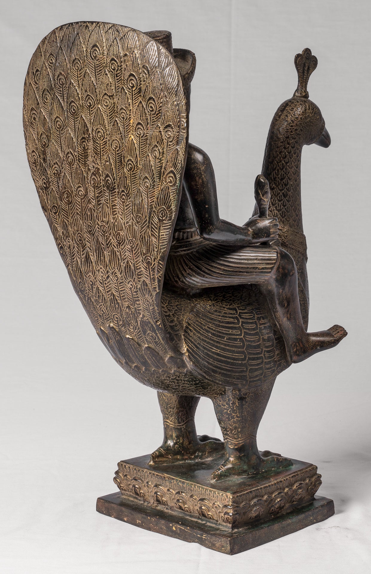 Murugan Statue - Antique Khmer Style Bronze Murugan on His Peacock - 53cm/21"
