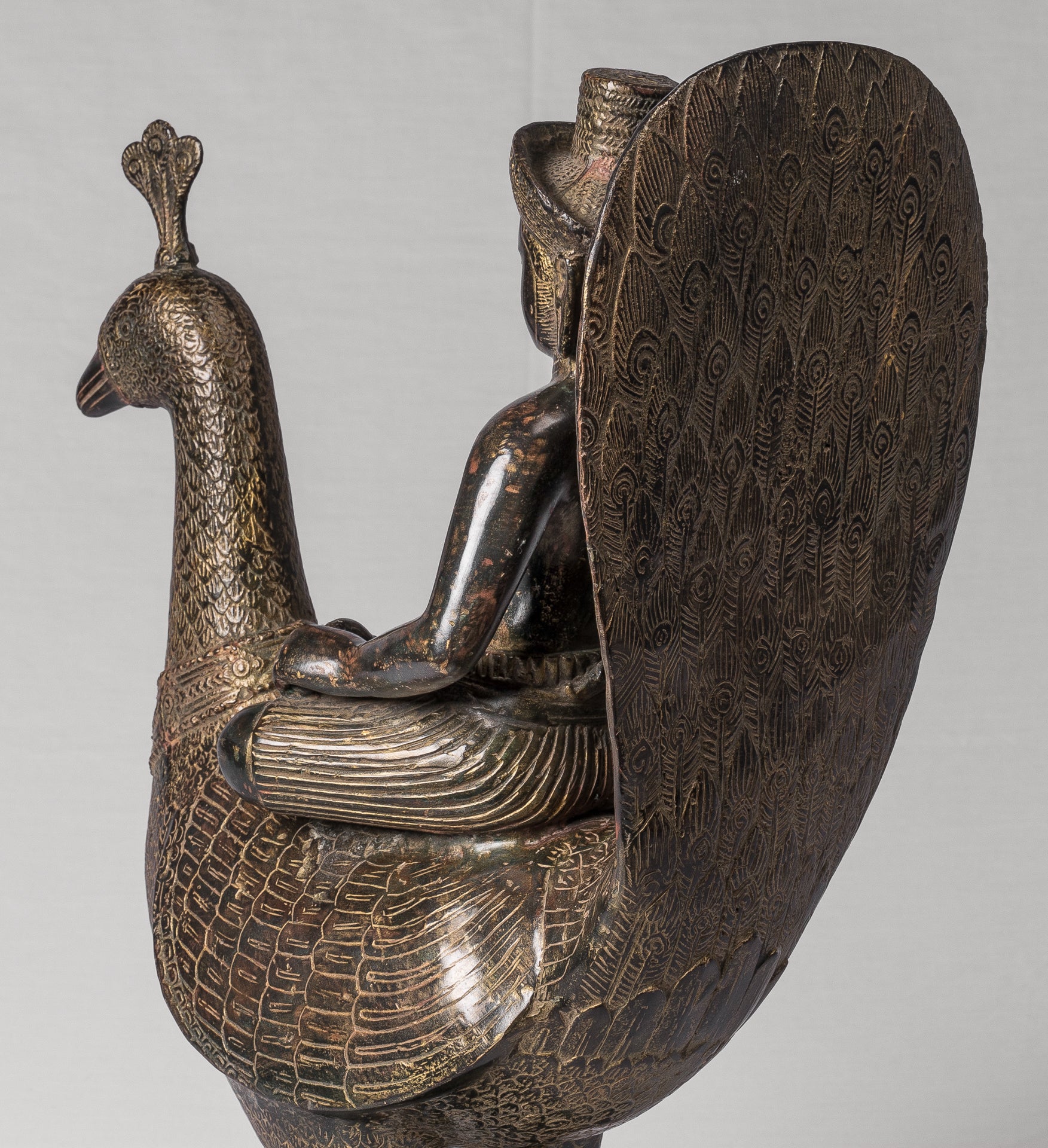 Murugan Statue - Antique Khmer Style Bronze Murugan on His Peacock - 53cm/21"