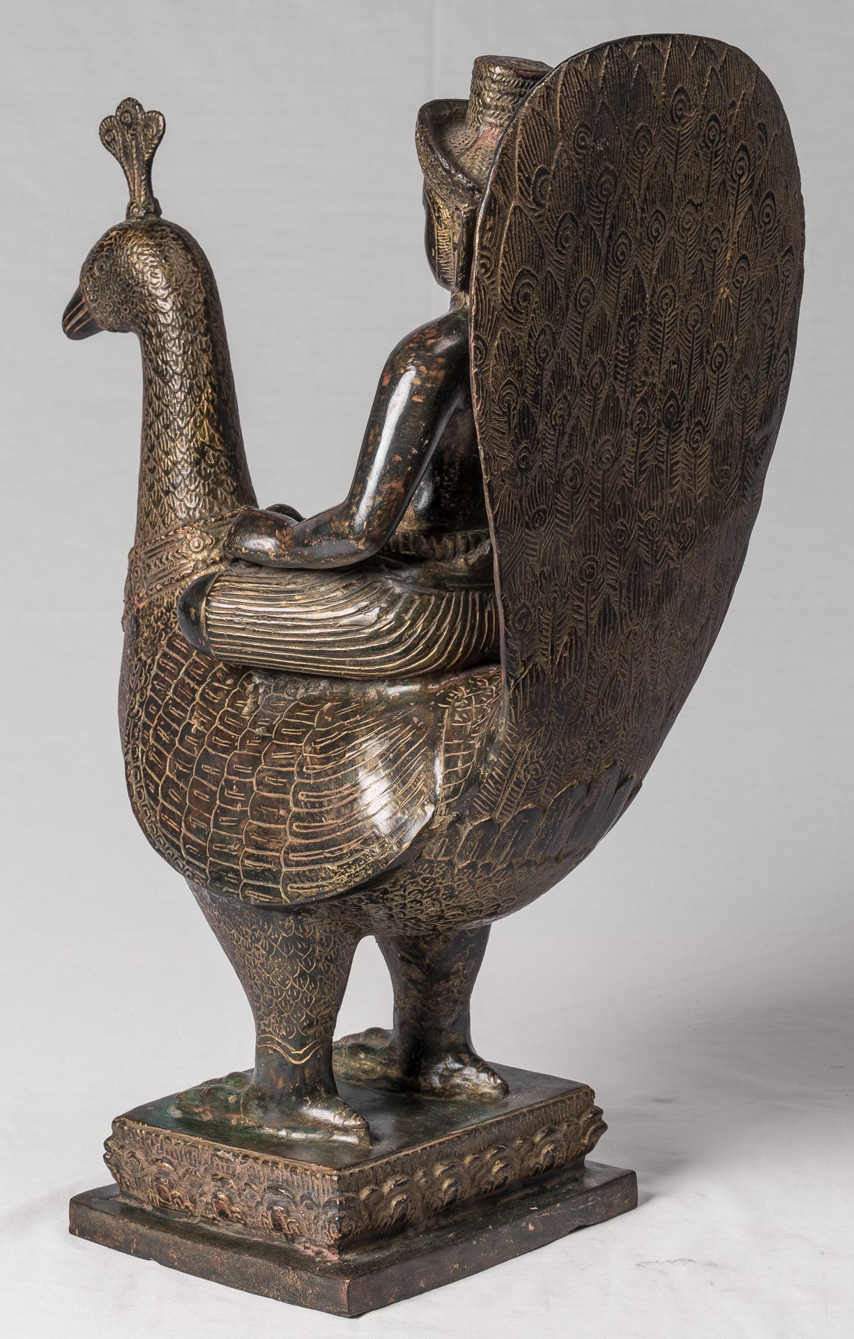 Murugan Statue - Antique Khmer Style Bronze Murugan on His Peacock - 53cm/21"