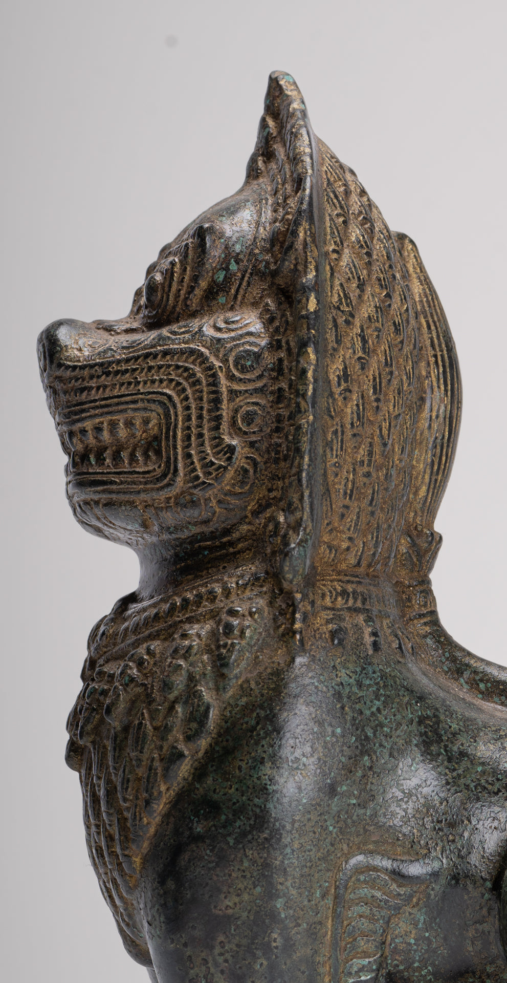 Temple Lion - Antique Khmer Style Bronze Standing Temple Guardian or Lion - 28cm/11"